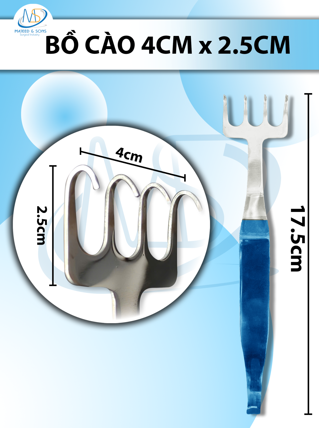 Bồ cào Dài 17,5cm, đầu móc r4xd2,5cm, độ cong móc 0,9cm