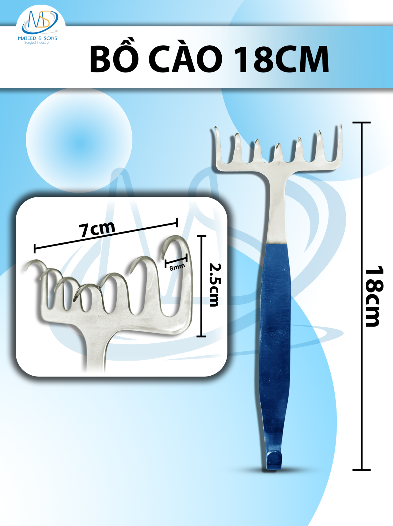 Bồ cào Dài 18cm, đầu r7xd2,5cm, móc 0,8cm