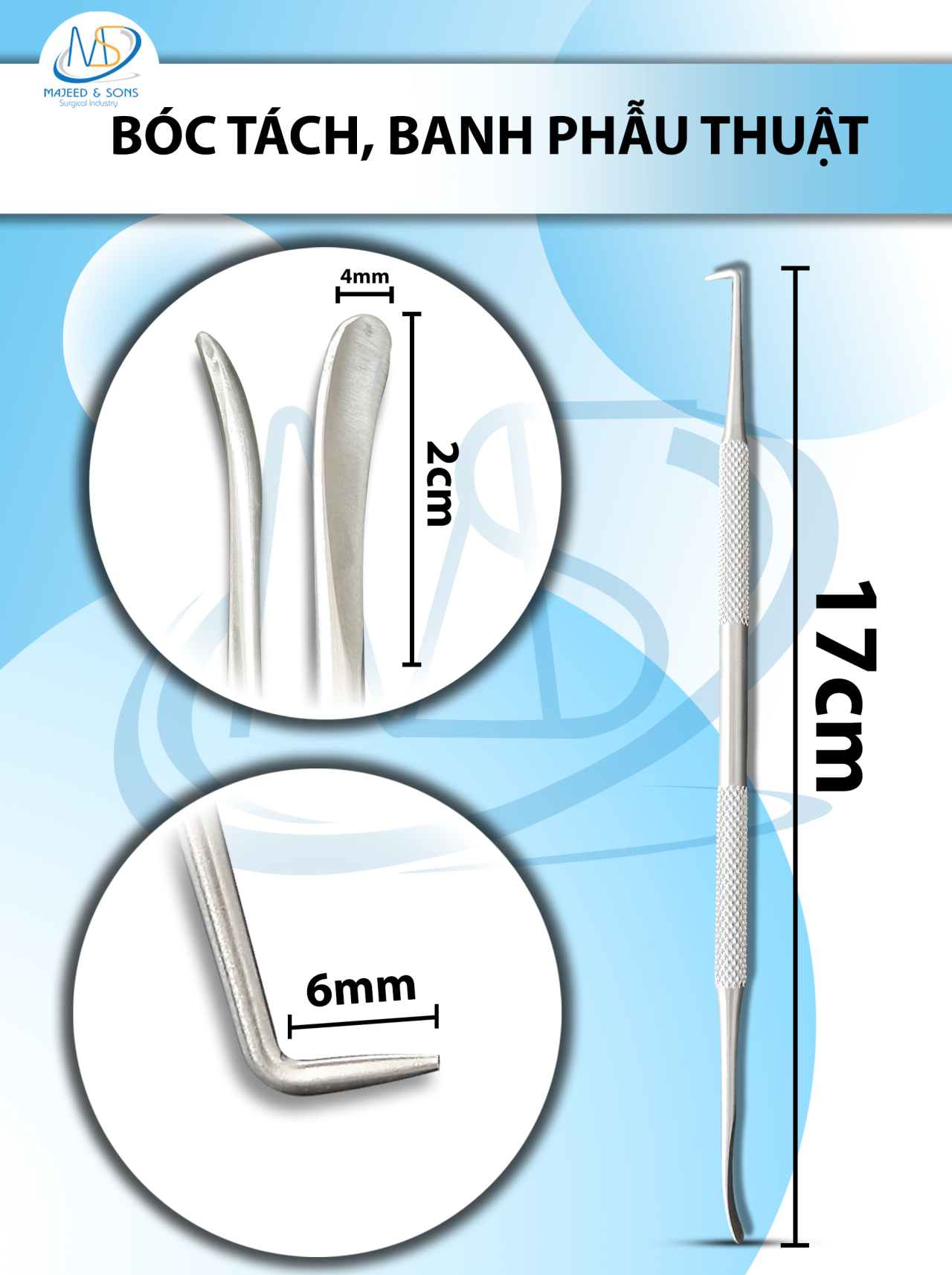 Bóc tách, banh phẫu nhỏ 17cm, đầu bóc tách d2x0,4cm, đầu nhọn D0,6cm