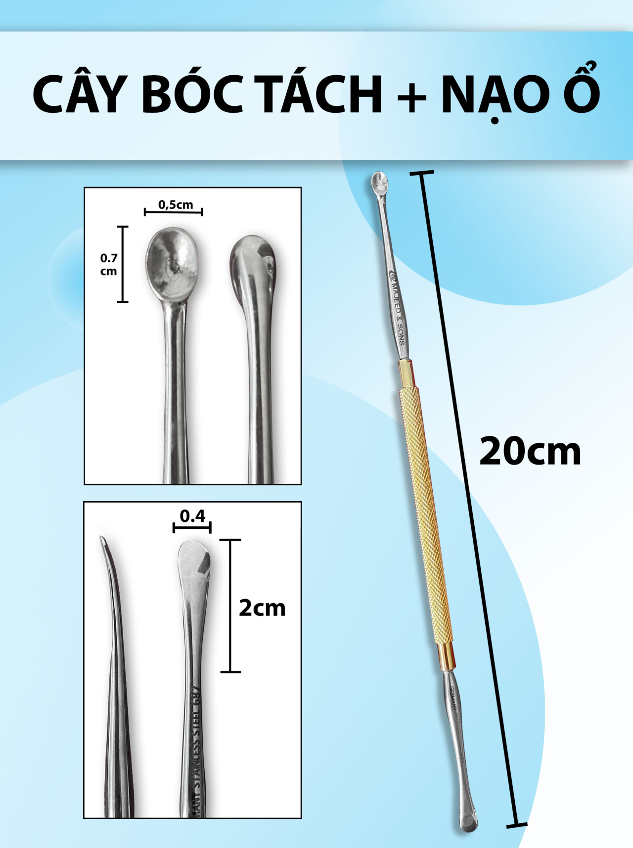 cây bóc tách 1 đầu, 1 đầu nạo ổ, cuvet 