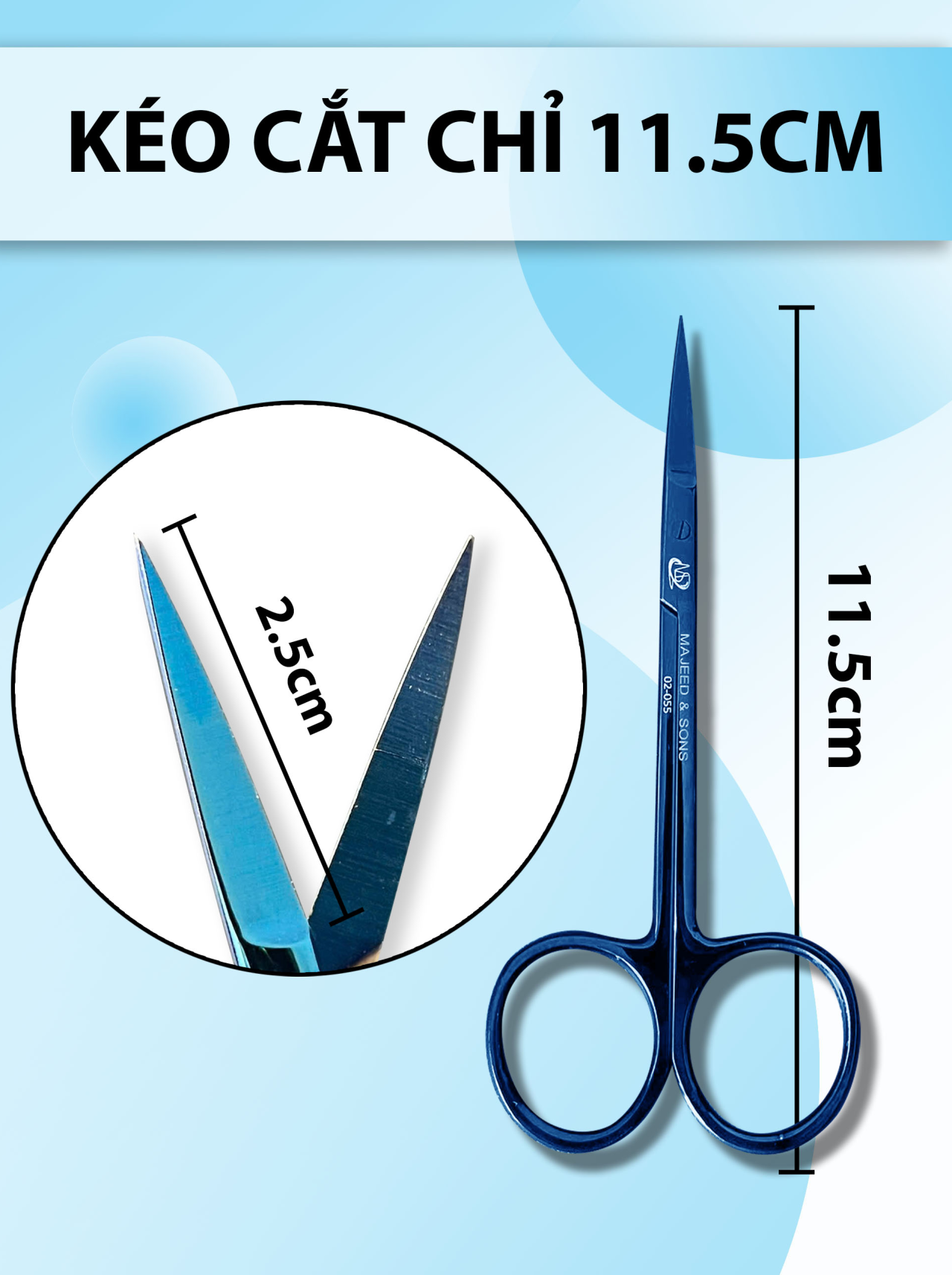 Kéo cắt chỉ 11,5cm, kéo y tế, kéo cắt mí mắt thân nhỏ lưỡi mỏng