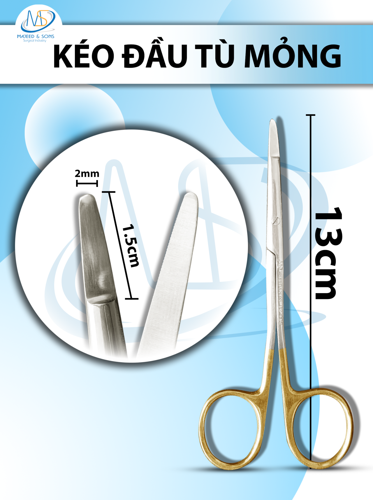 Kéo đầu tù mỏng 13cm Lưỡi kéo D1,5 R2mm xanh