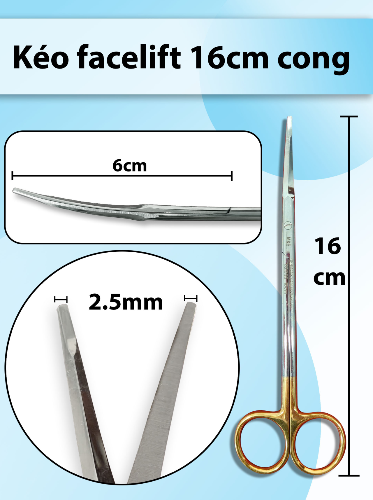 Kéo facelift 16cm cong, kéo căng da mặt