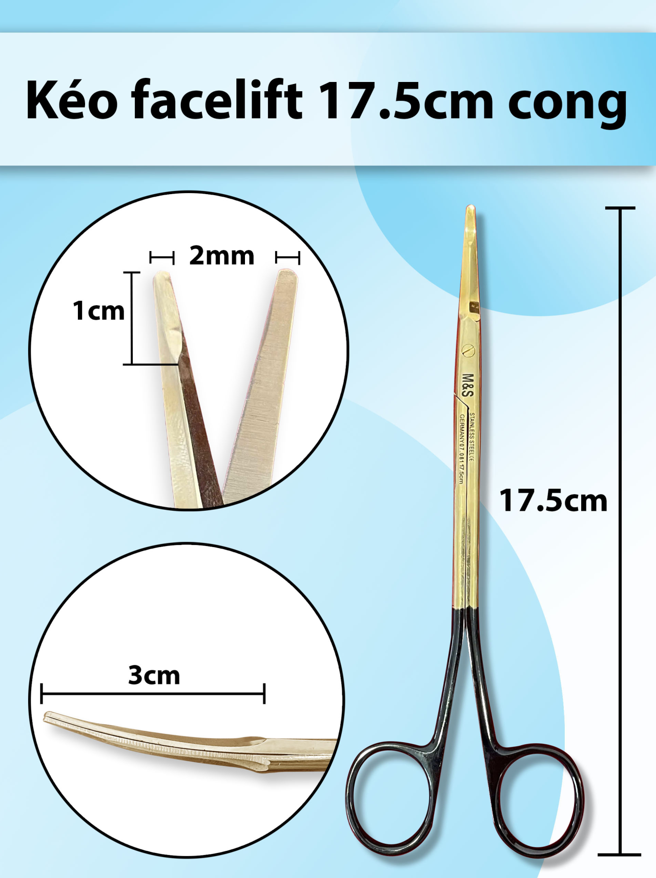 Kéo facelift 17.5cm cong, kéo căng da mặt