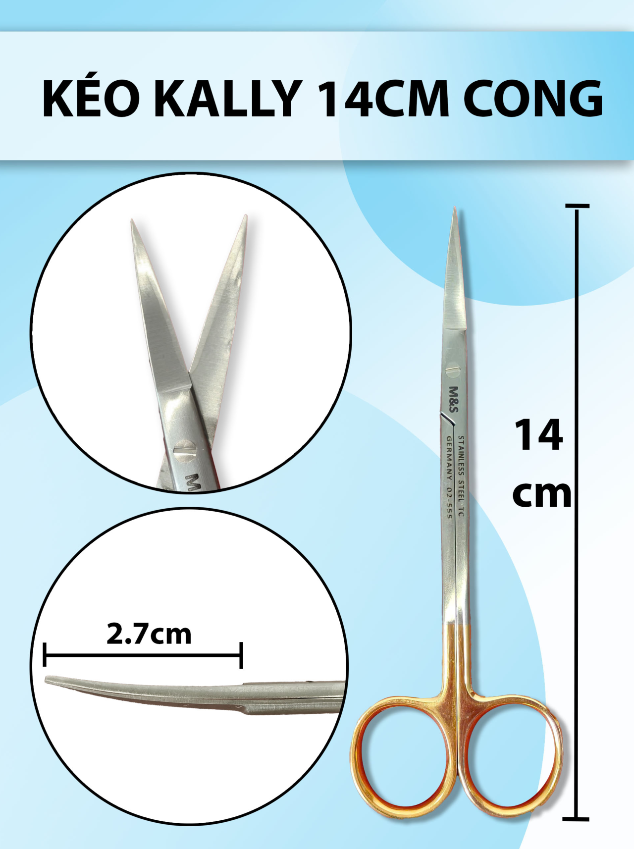 Kéo Kally 14cm cong, kéo 14cm cong, kéo y tế cong cắt bén không rít