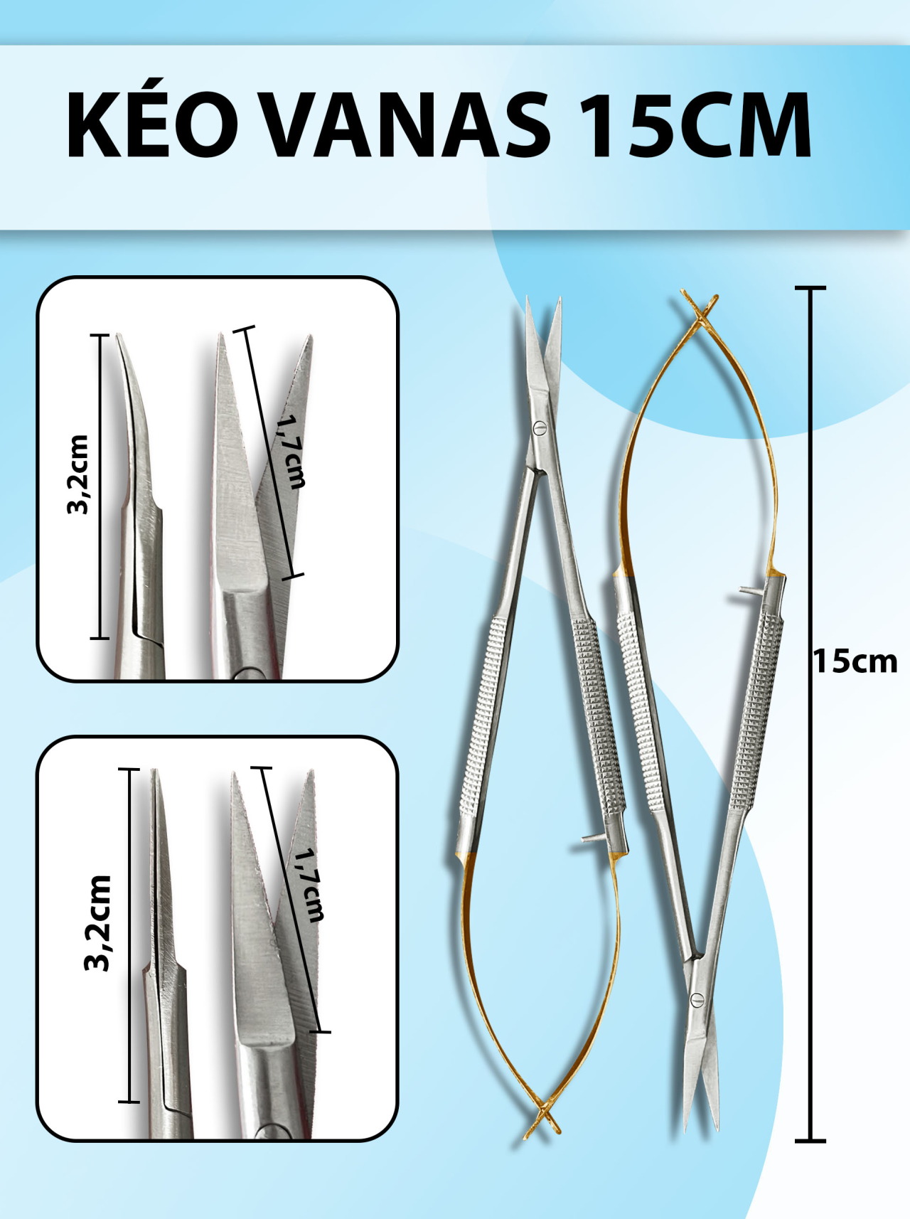 Kéo lá vanas 15cm, kéo vi phẫu ( thẳng, cong)