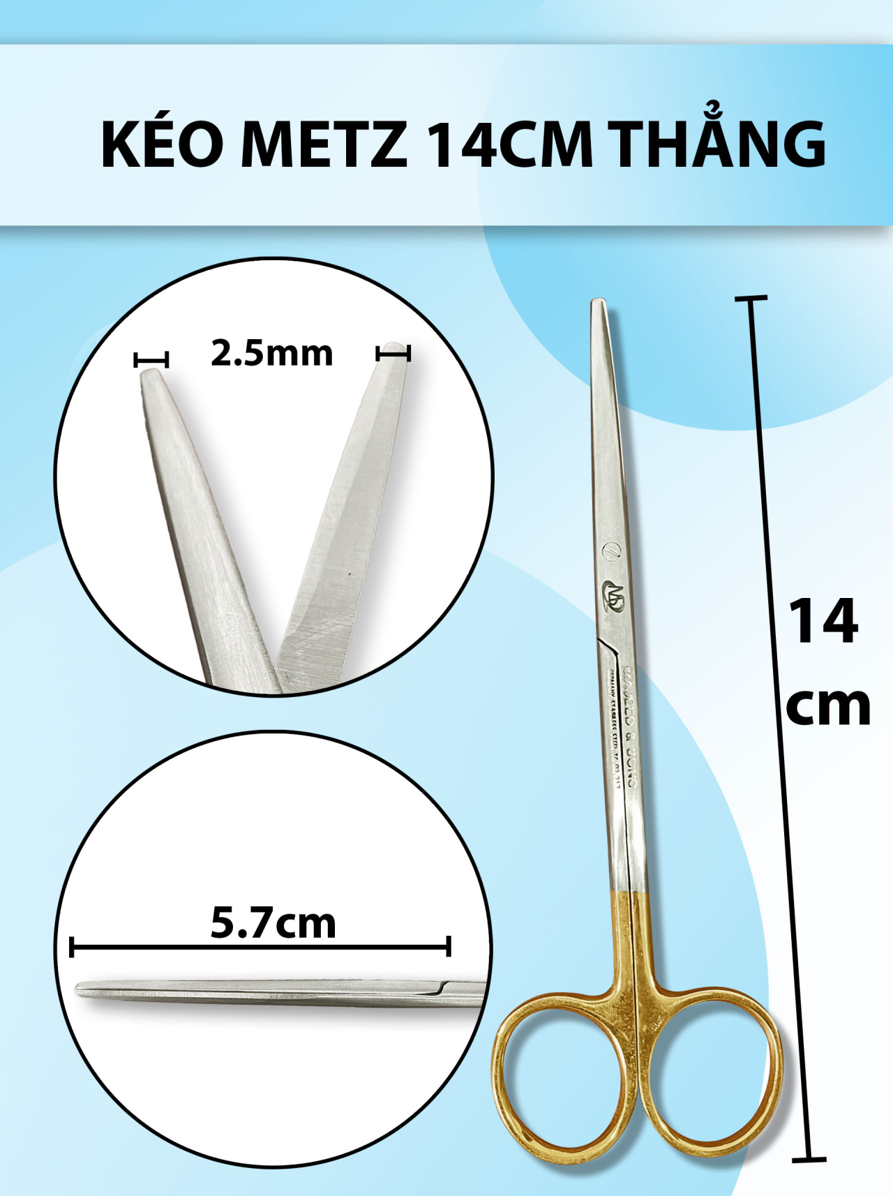 Kéo metz 14cm thẳng, kéo đầu to thân dày cắt khoẻ, kéo bóc tách gân cơ