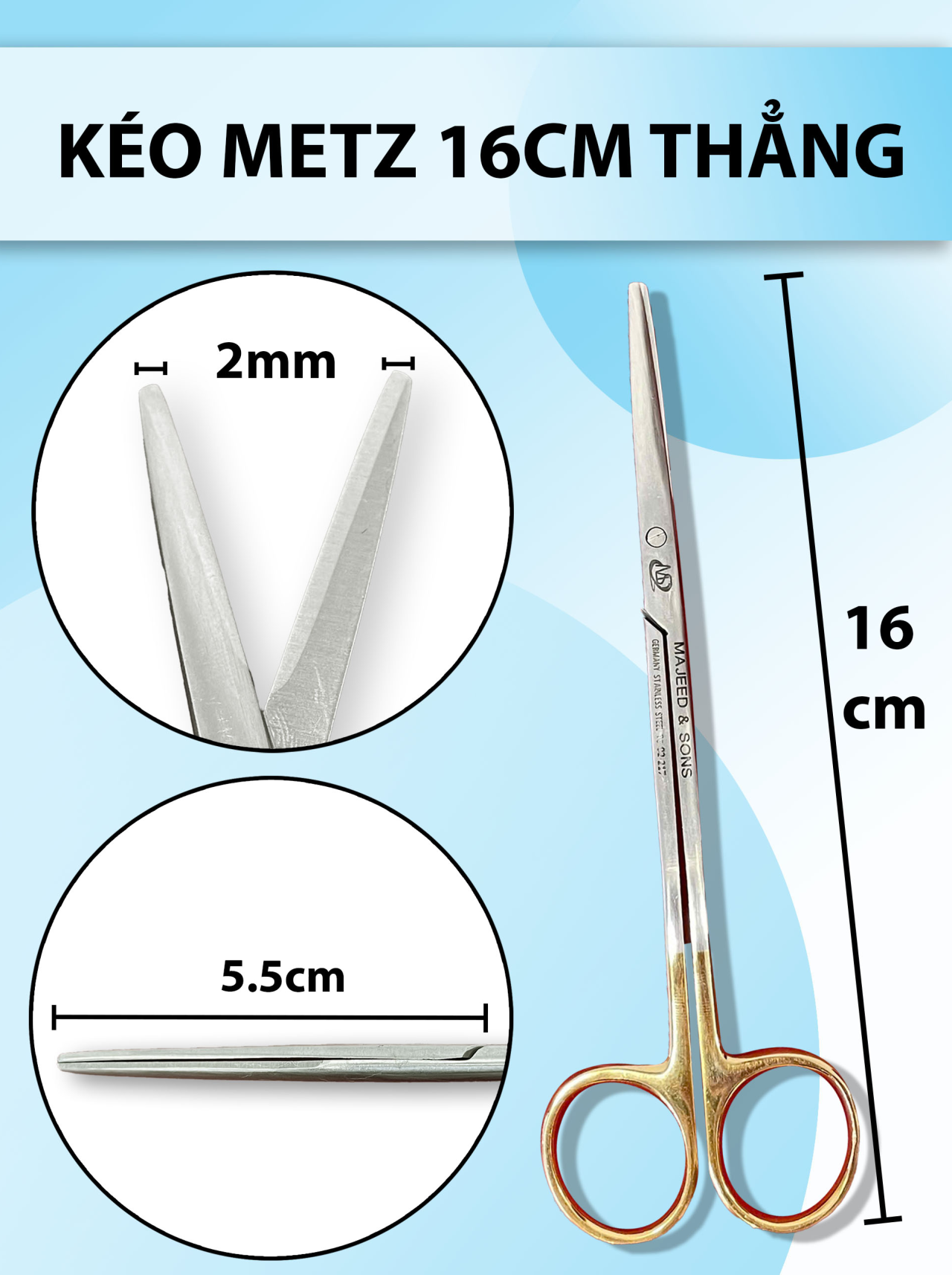 Kéo metz 16cm thẳng, kéo đầu to thân dày cắt khoẻ, kéo bóc tách gân cơ