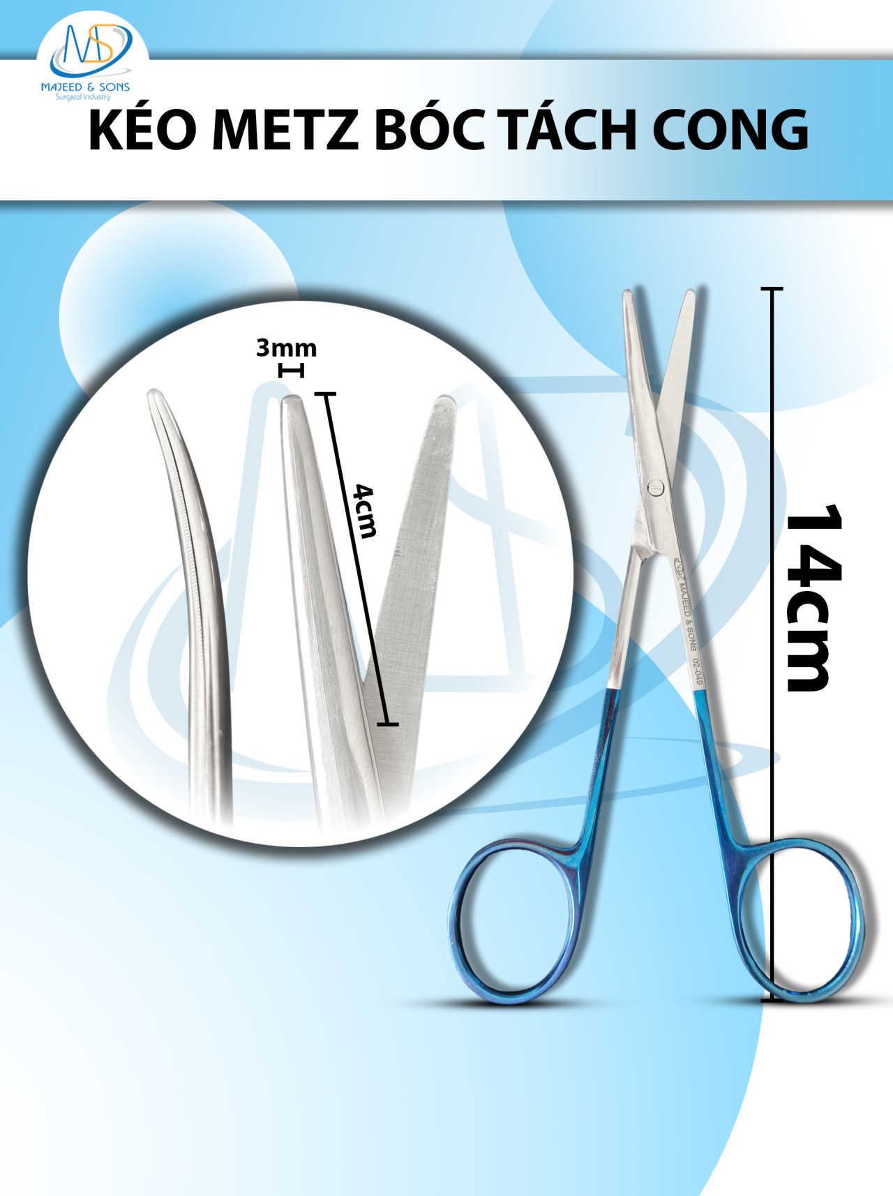 Kéo metz bóc tách 14cm cong TC cán xanh, đầu lưỡi dài 4cm, rộng 0,3mm