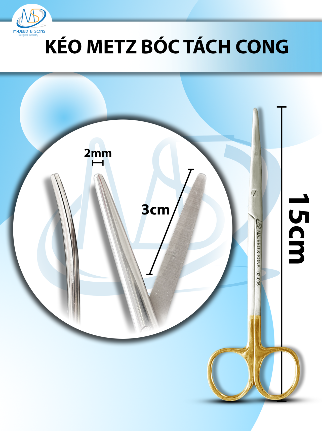 Kéo metz bóc tách 15cm cong TC lưỡi kéo 3cm rộng 2mm