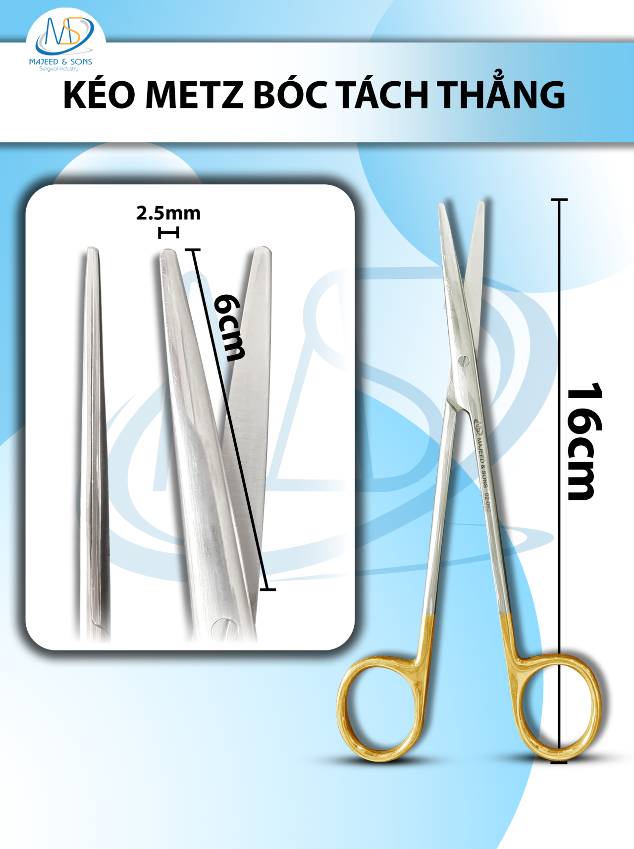Kéo metz bóc tách 16cm thẳng TC, lưỡi 6cm
