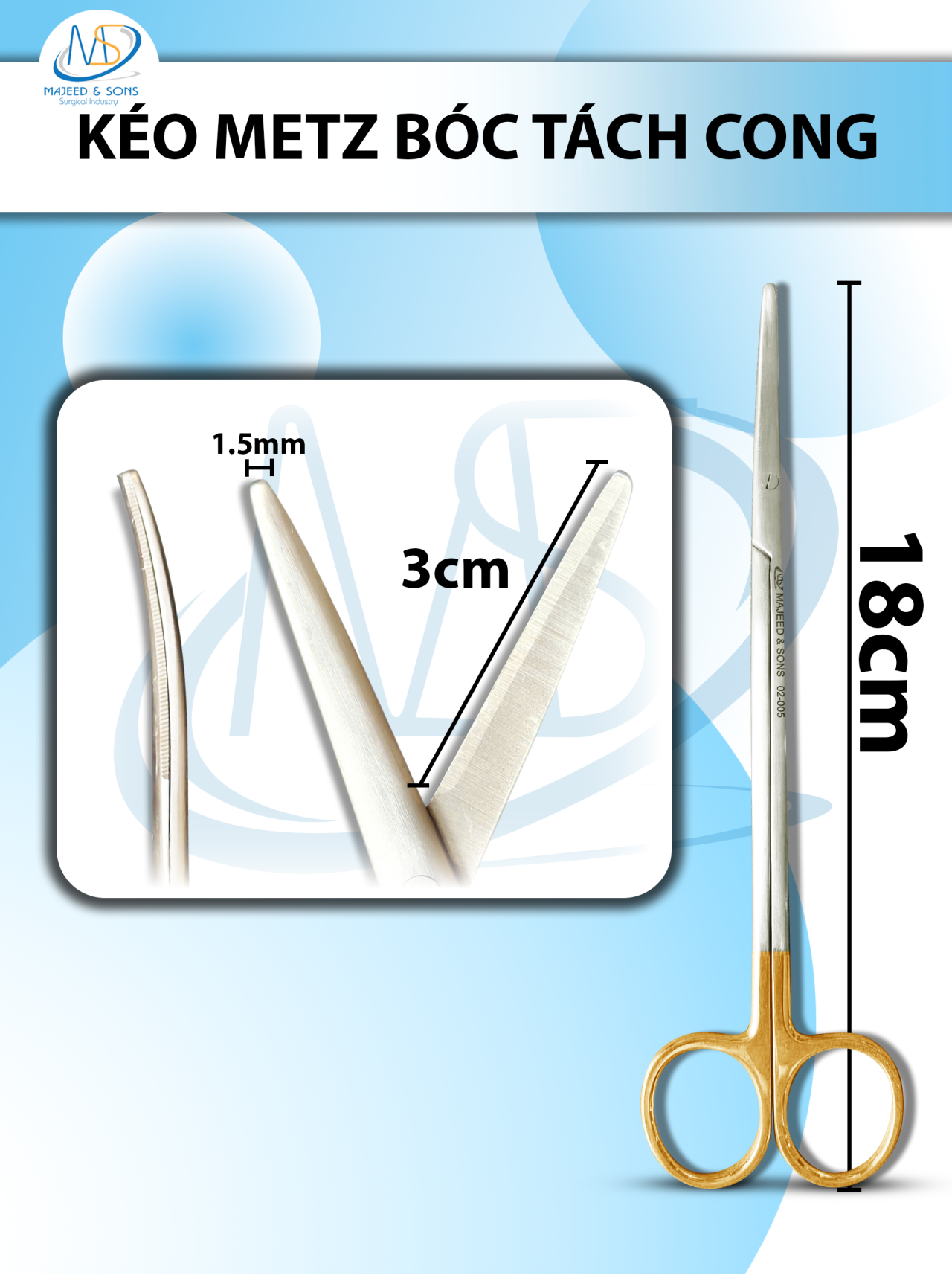 Kéo metz bóc tách 18cm cong TC,lưỡi kéo 3cm tù 1,5mm