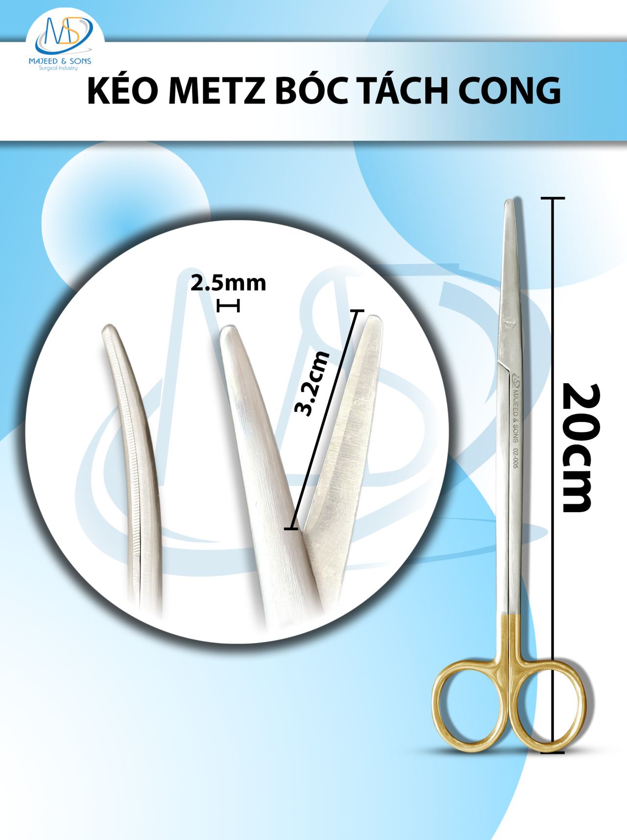 Kéo metz bóc tách 20cm cong TC lưỡi kéo 3,2cm tù 2,5mm