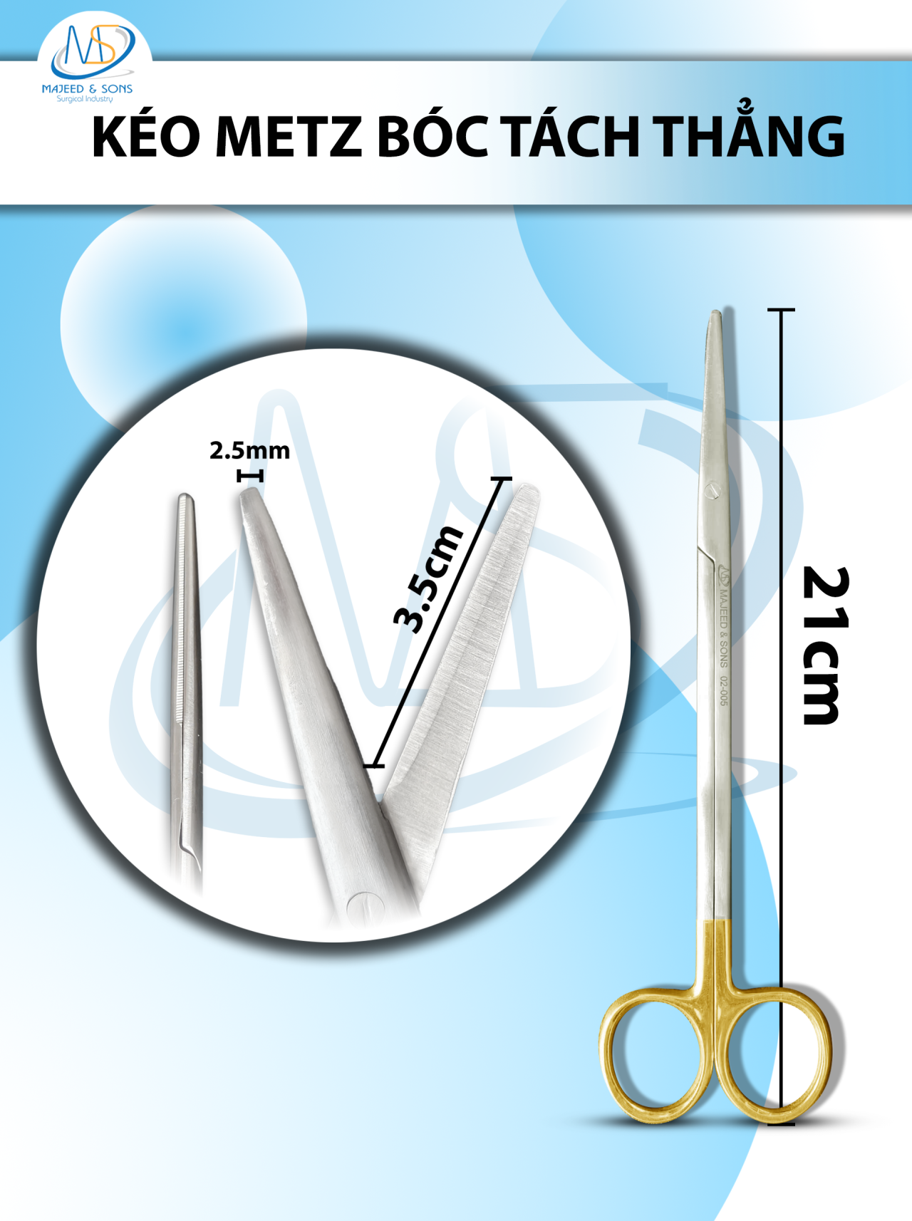 Kéo metz bóc tách 21cm Thẳng TC lưỡi kéo 3,5 tù 2,5mm