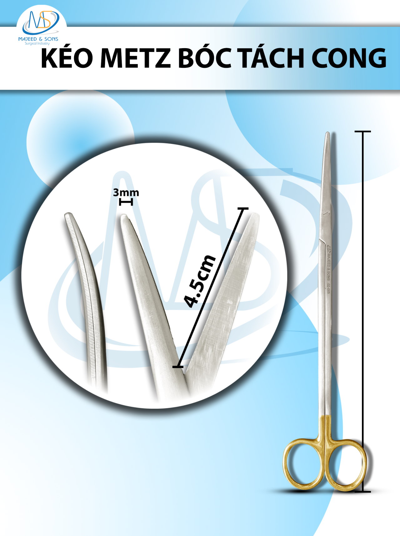 Kéo metz bóc tách 25cm cong TC, lưỡi kéo 4,5cm tù 3mm