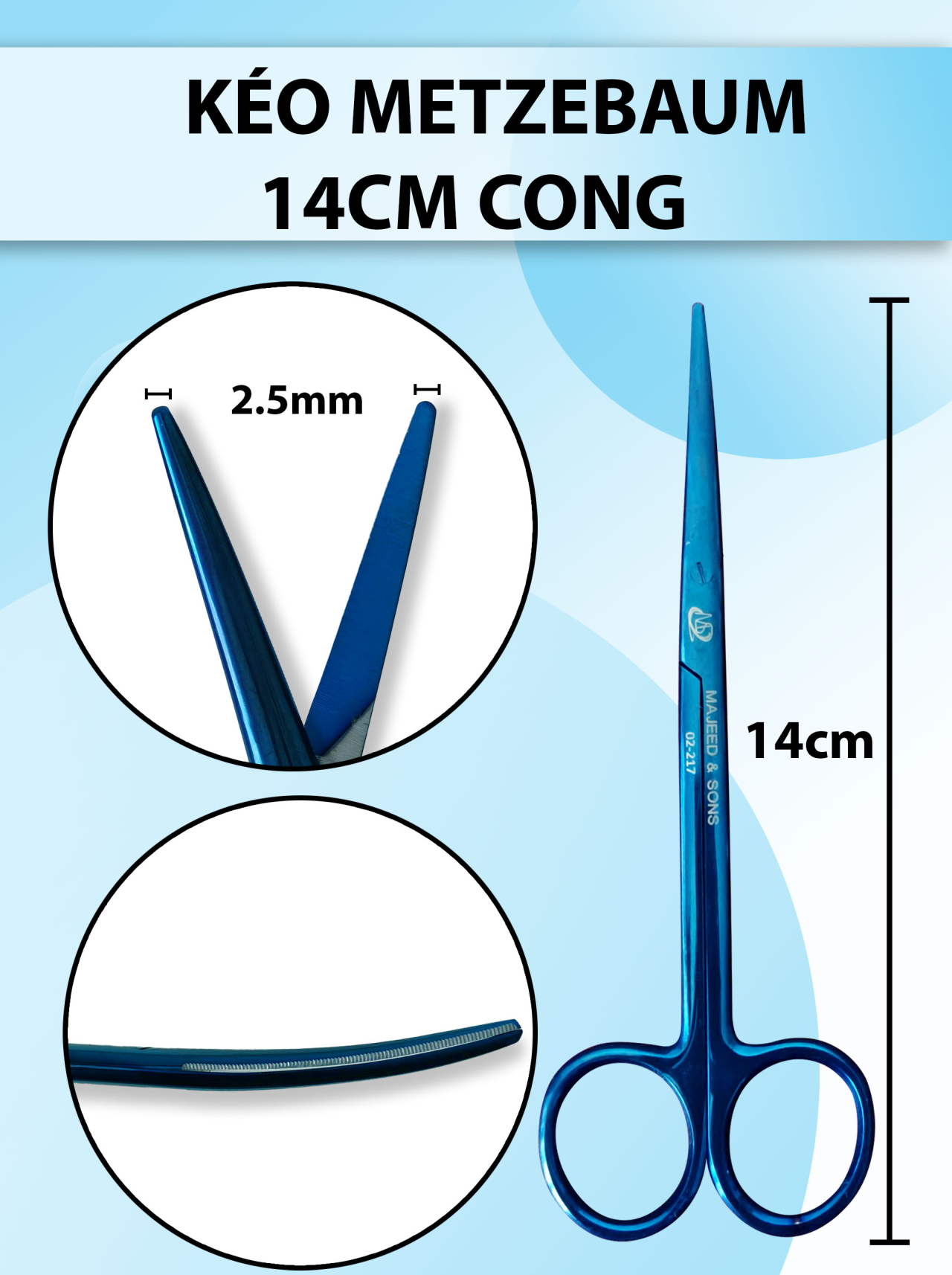 Kéo metzenbaum 14cm cong, kéo phẫu thuật bóc tách mô dày, kéo tù đầu to khoẻ