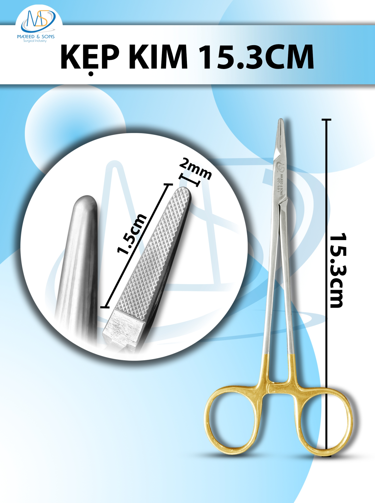kẹp kim 15.3cm, đầu nhỏ D1.5cm R2mm, kìm mang kim có tips TC không tuột chỉ, khóa nhẹ thay