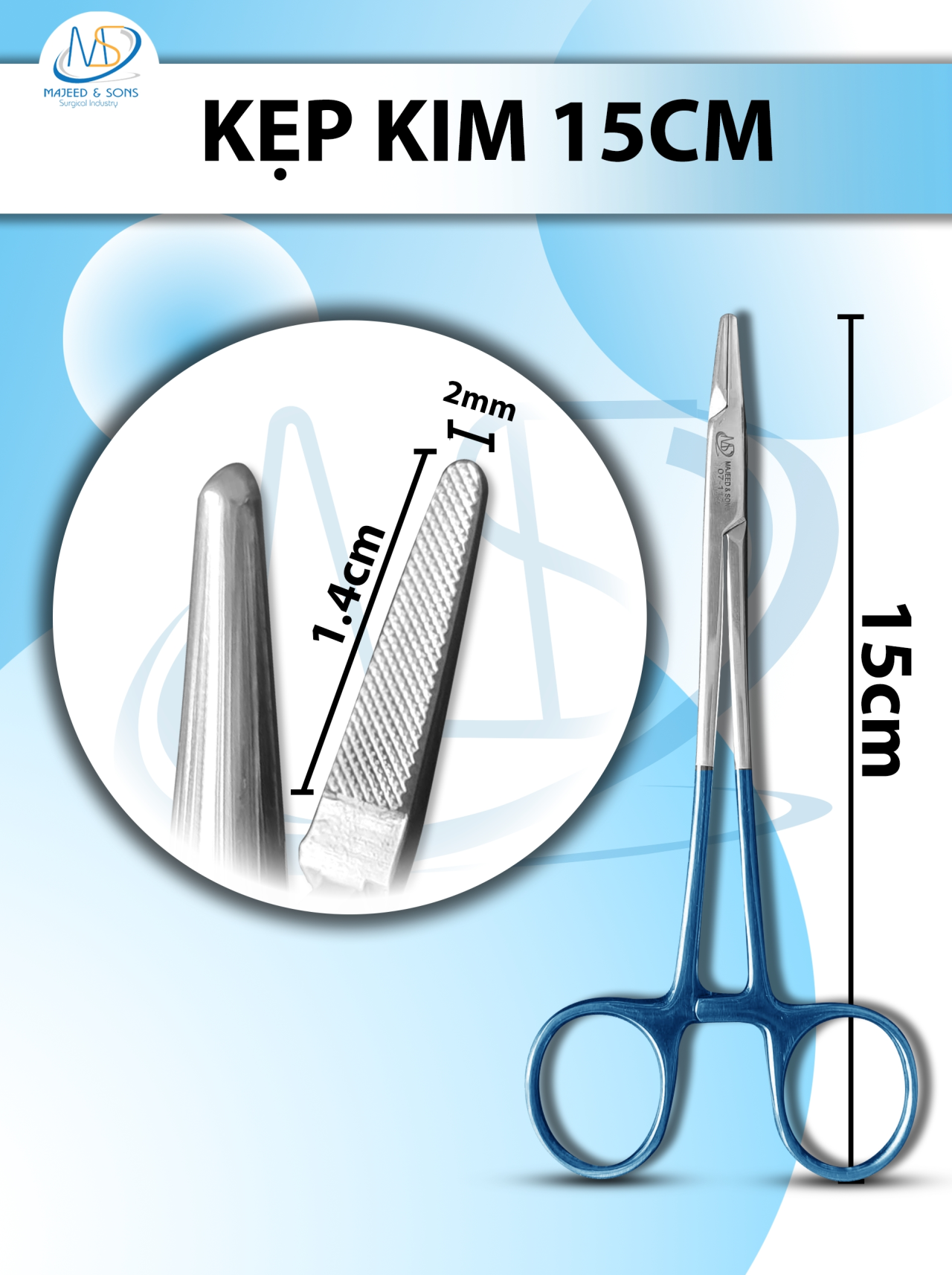 kẹp kim 15cm, đầu nhỏ D1.5cm R2mm Cán xanh, kìm mang kim có tips TC không tuột chỉ, khóa nhẹ thay