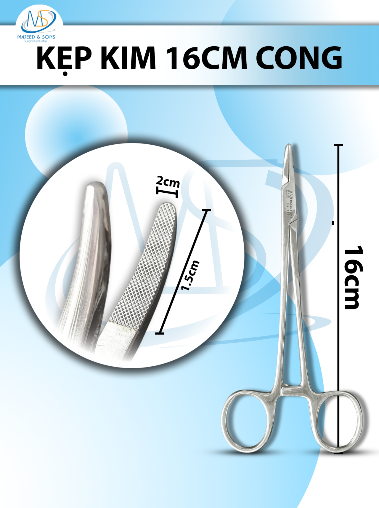 Kẹp kim 16cm cong, đầu D1.5cm R2mm có tips TC không cắn chỉ tuột chỉ