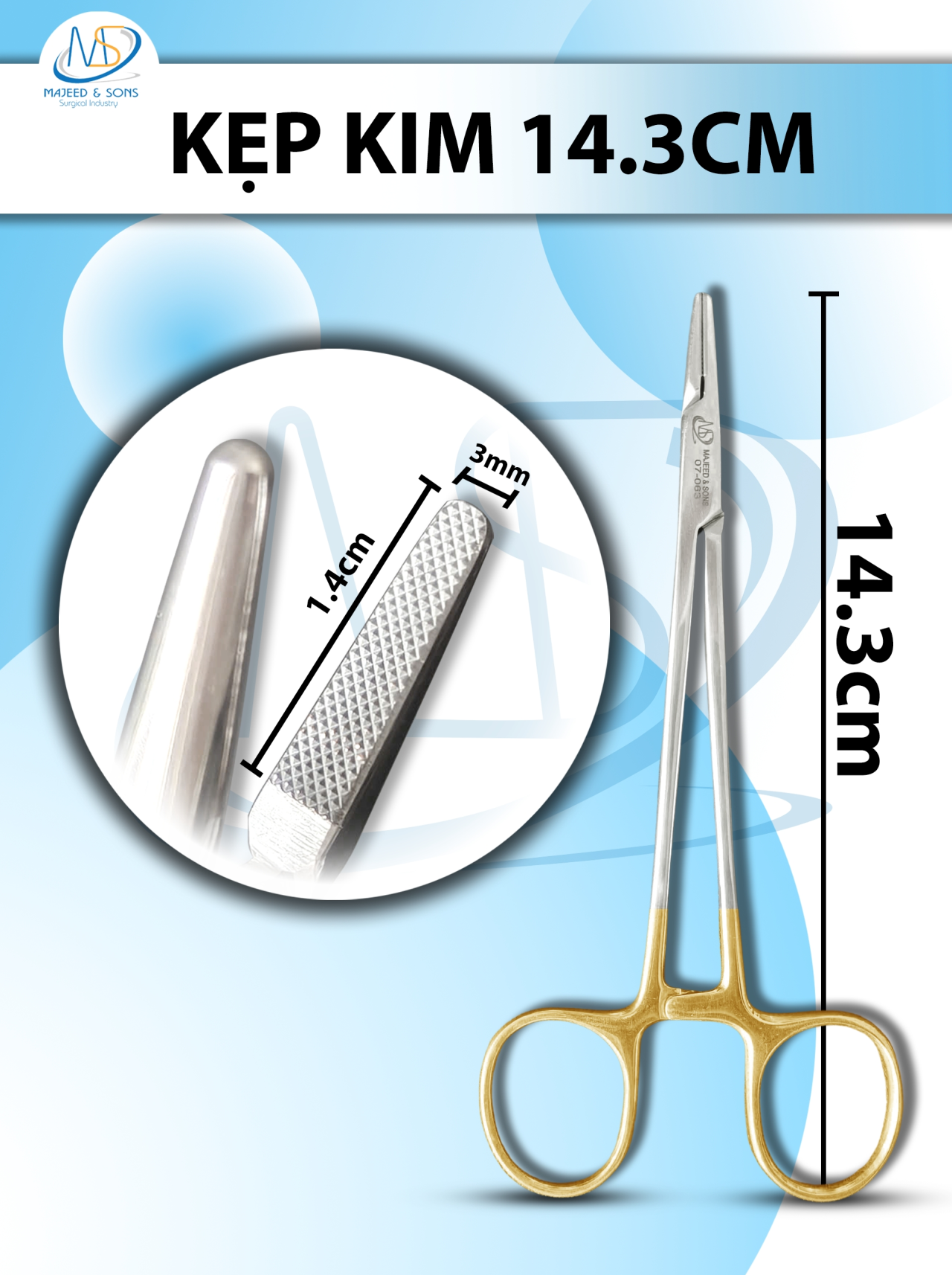 Kẹp kim Dài 14.3cm, đầu D1.4cm R3mm