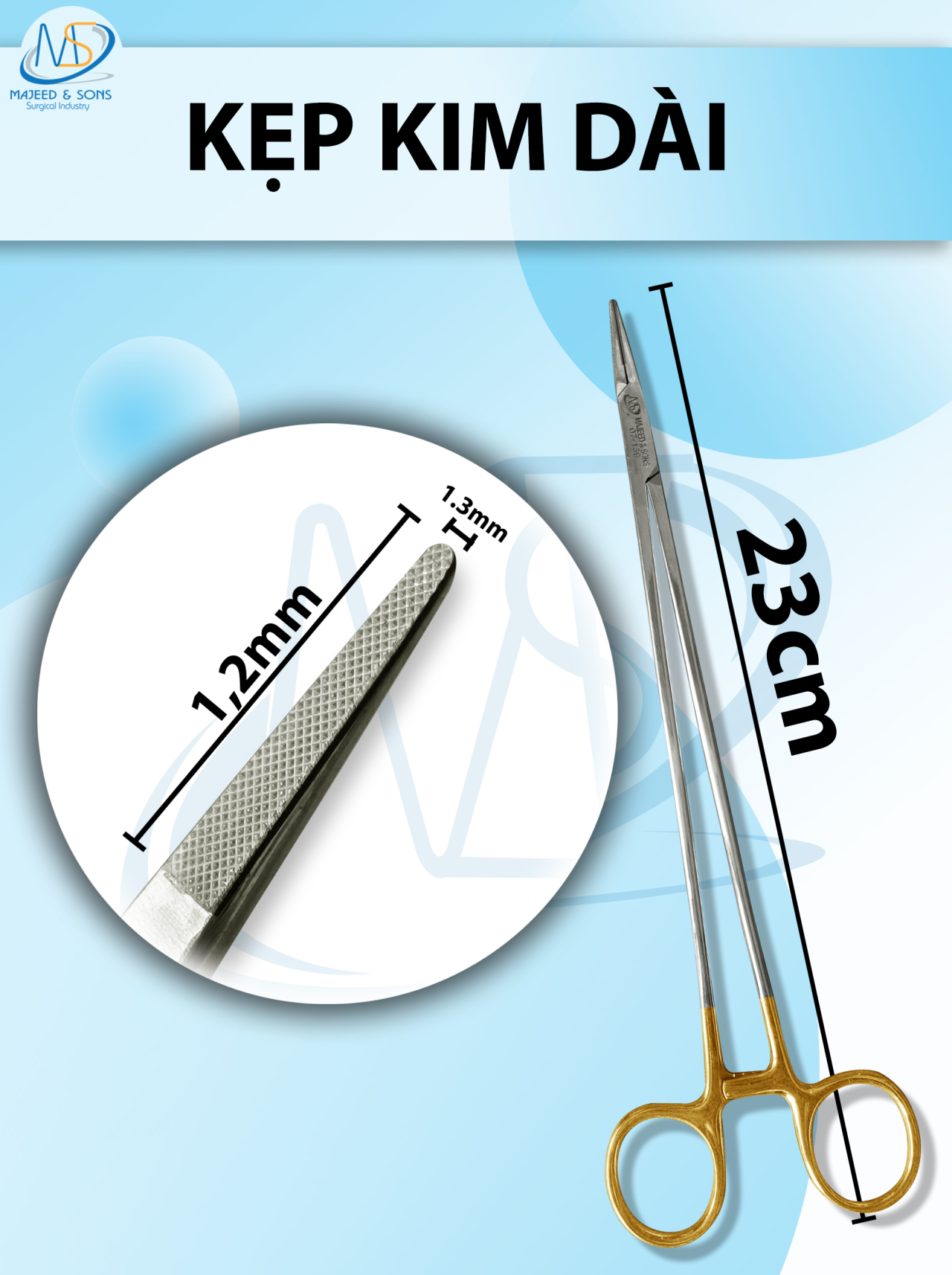 Kẹp kim Dài 23cm đầu nhỏ, kẹp D1,2cm R1,3mm