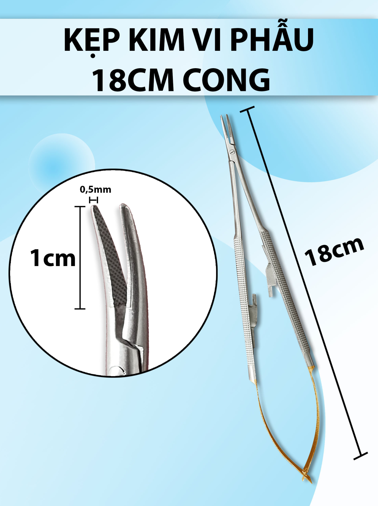 Kẹp kim vi phẫu 18cm cong, kẹp kim micro đầu siêu nhỏ