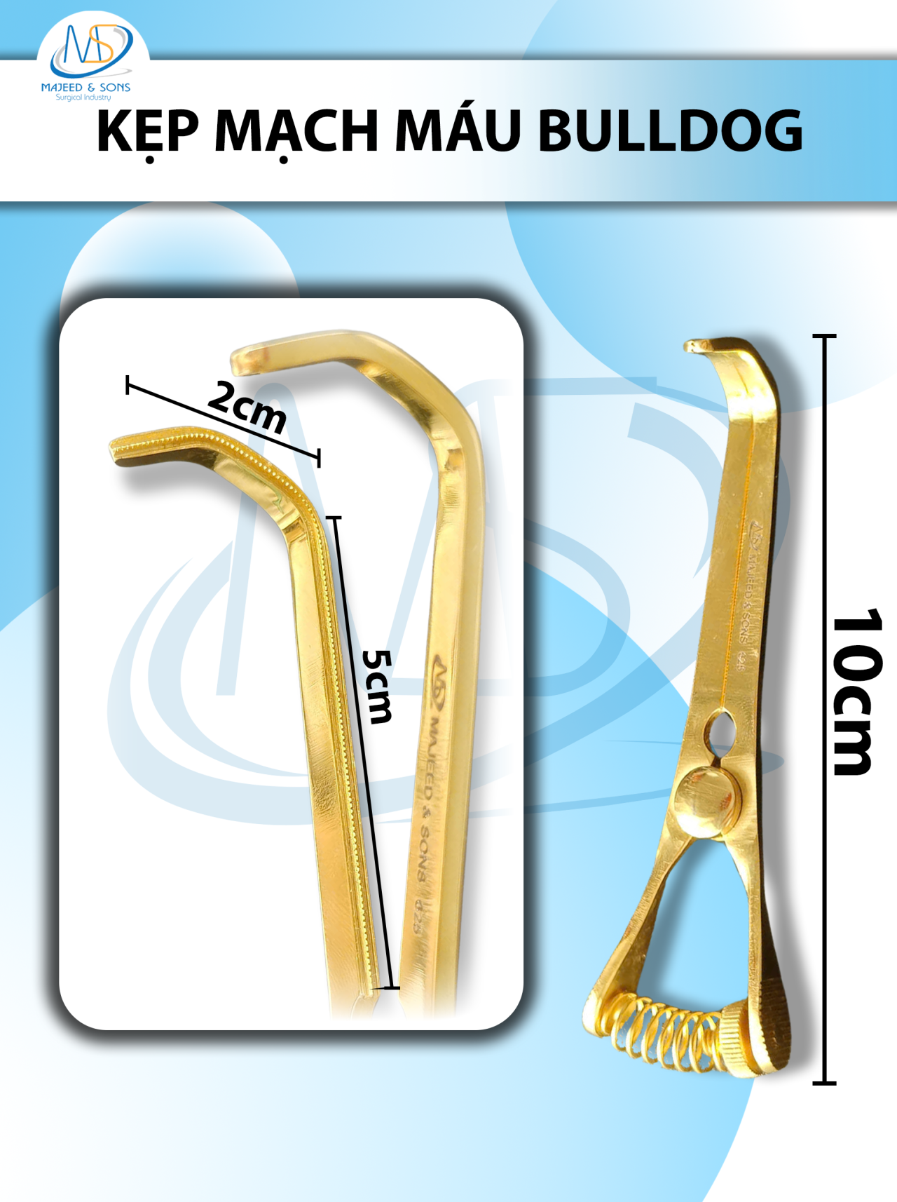 Kẹp mạch máu bulldog 10cmx1,5mm Cong Kẹp D-max 5cm D-min 2cm