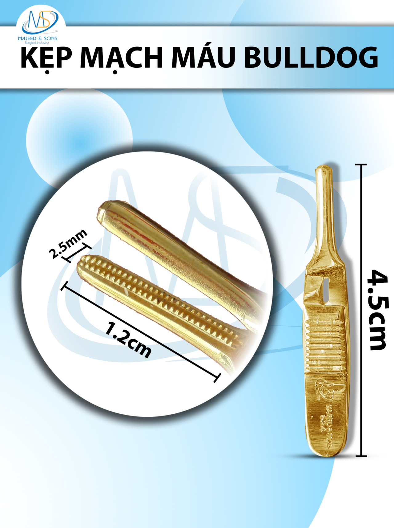 Kẹp mạch máu bulldog 4,5cm thẳng,dài kẹp 1,2cm rộng 2,5mm