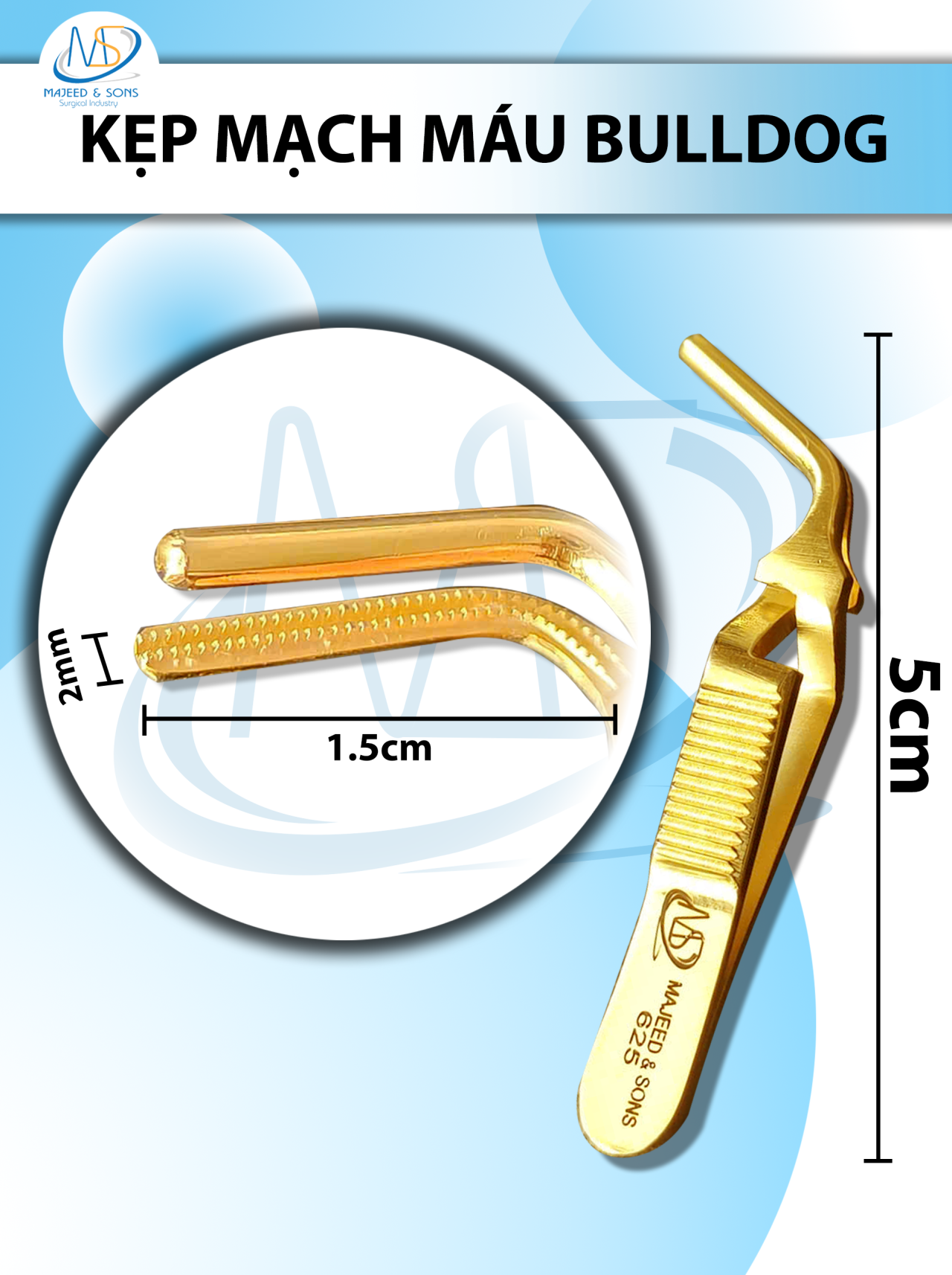 Kẹp mạch máu bulldog 5cmx2mm cong Dài 5cm kẹp 1,5cm rộng 2mm