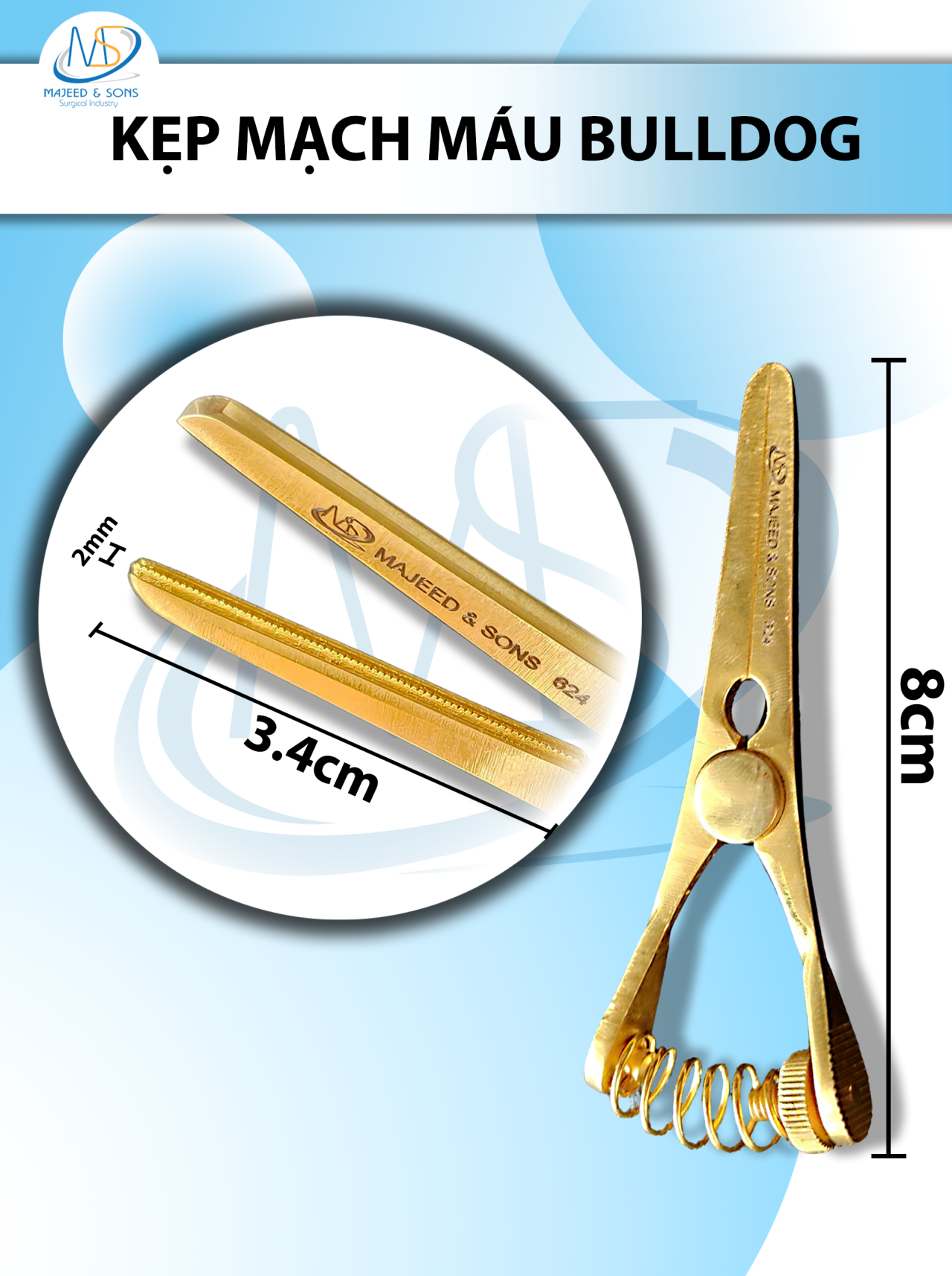 Kẹp mạch máu bulldog 8cm Thẳng, Dài thẳng 8cm kẹp D3,4cm R2mm