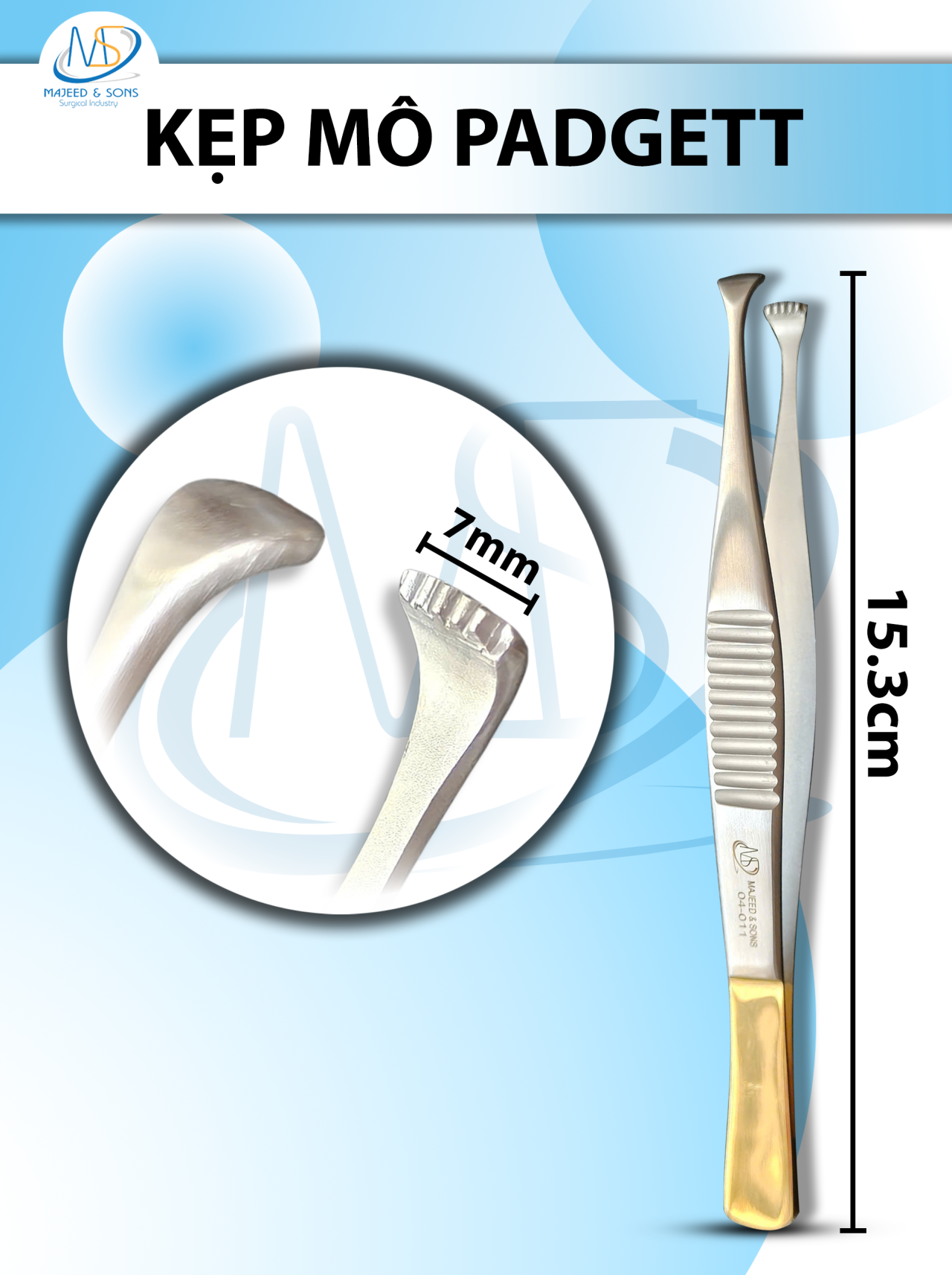 Kẹp mô Padgett Dài 15.3cm, đầu R7mm