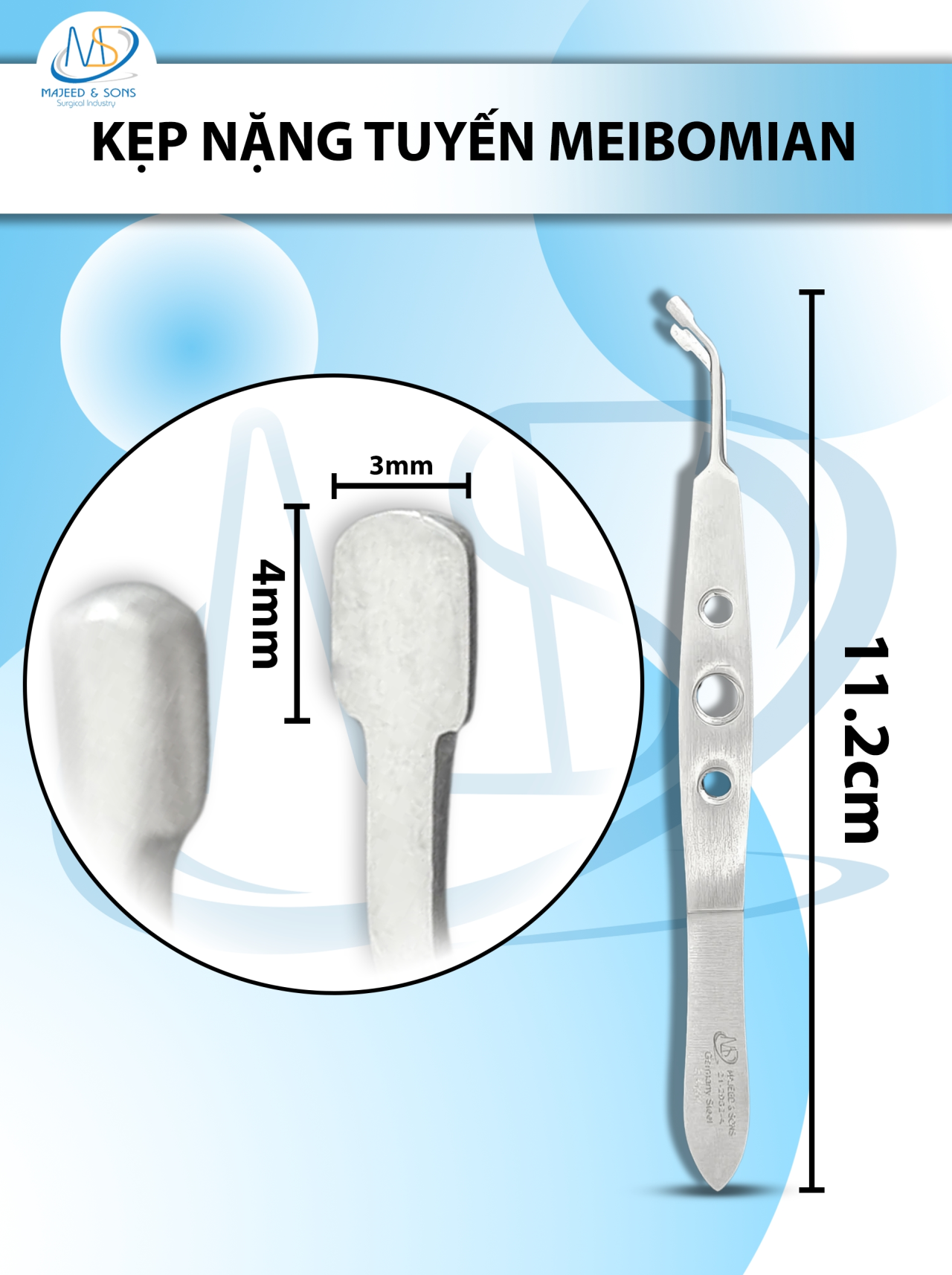 Kẹp nặn tuyến Meibomian 11.2cm ĐẦU VUÔNG MIN d4mm r3mm