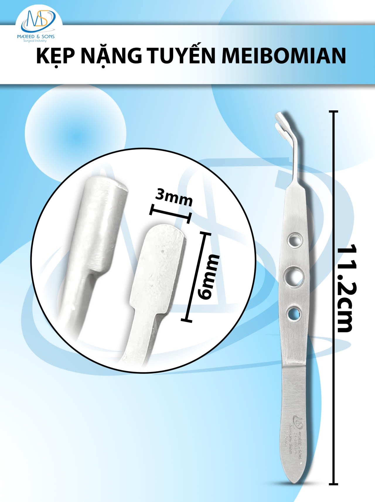 Kẹp nặn tuyến Meibomian 11.2cm, ĐẦU VUÔNG d6mm r3mm