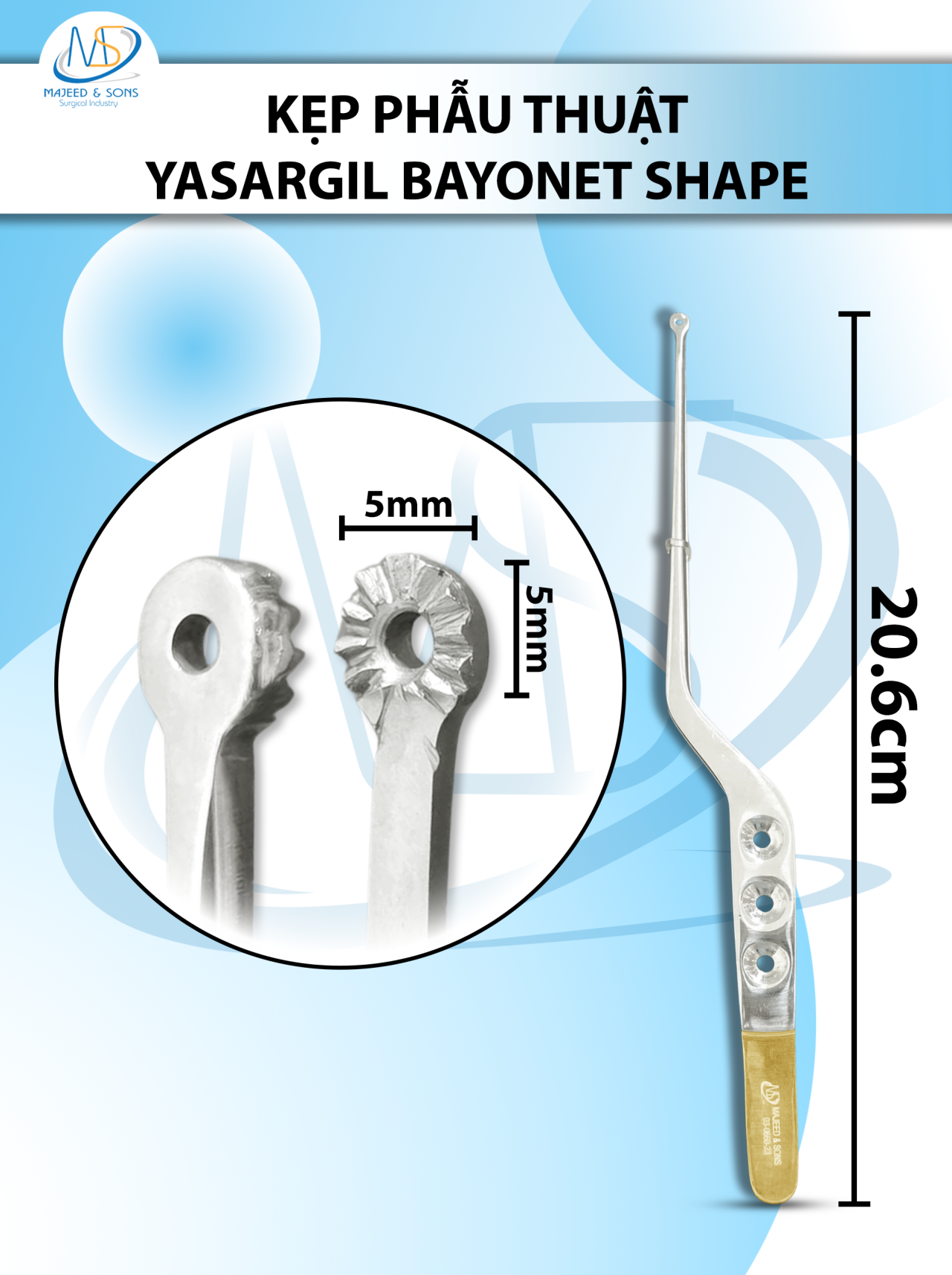 Kẹp phẫu thuật Yasargil bayonet shape 20.6cm DxR5mm