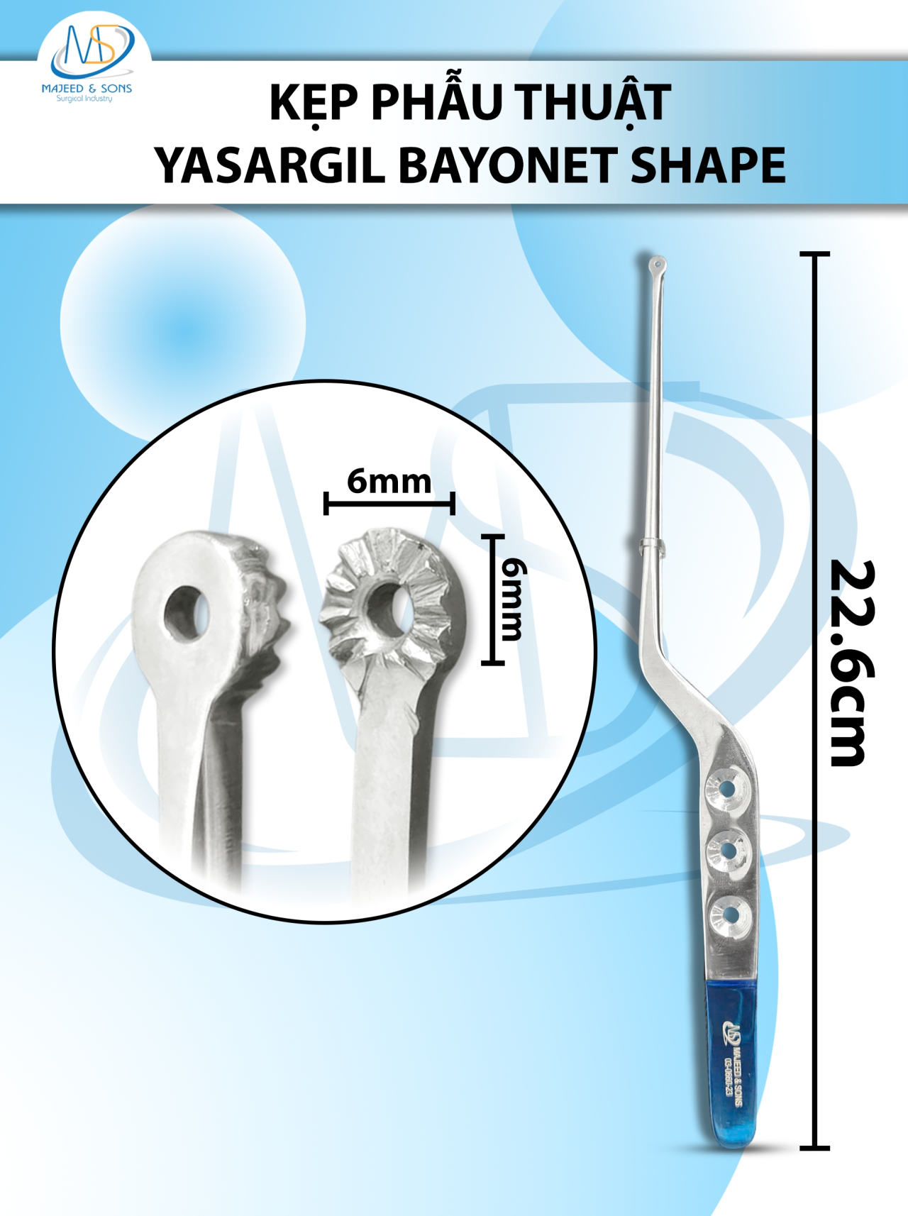 Kẹp phẫu thuật Yasargil bayonet shape 22.6cm XANH DxR6mm