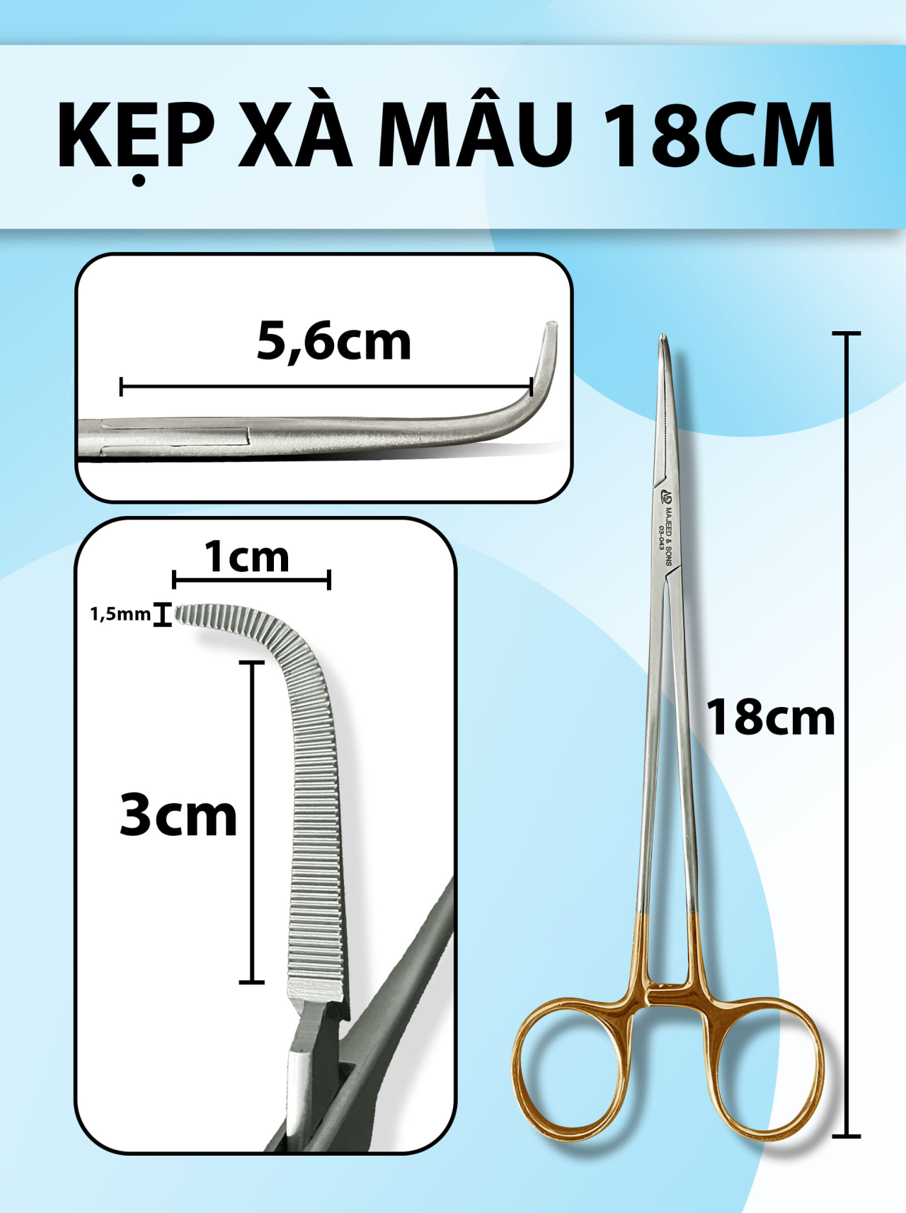 Kẹp xà mâu 18cm, pen kẹp cong 90 độ 18cm cán vàng bấm nhẹ tay