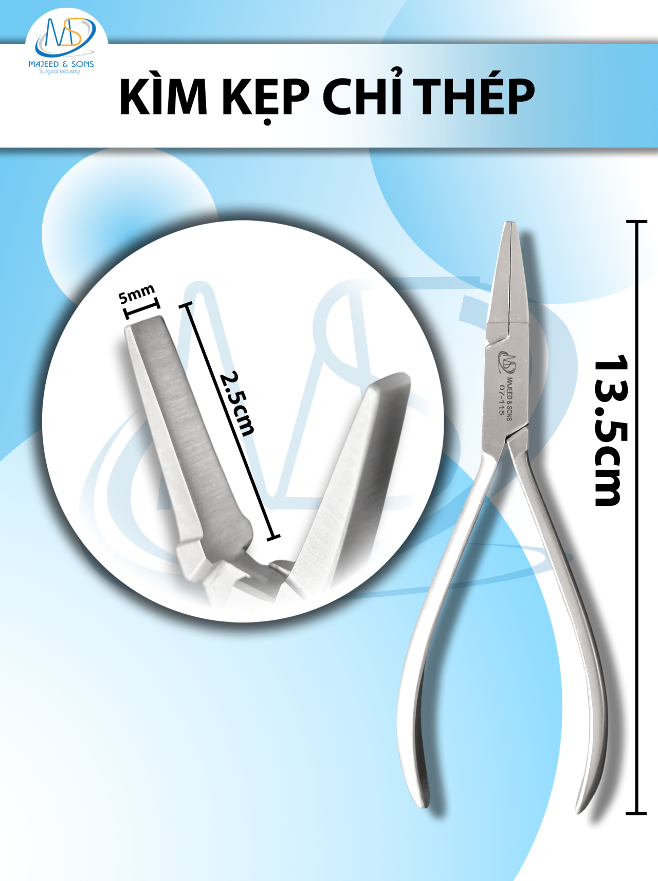 Kìm kẹp chỉ thép 13.5cm, đầu D2.5cm R5mm