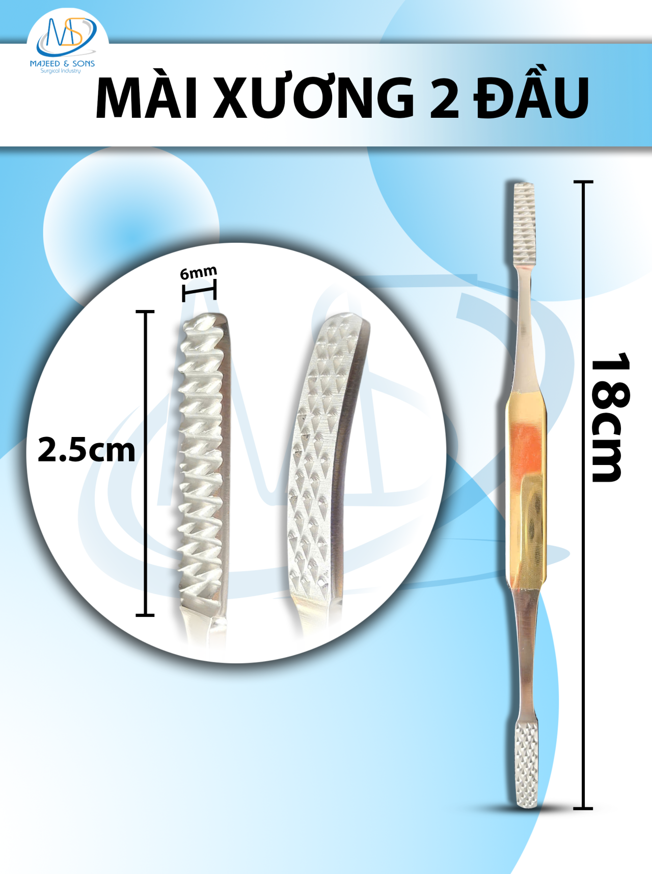 Mài xương Dài 18cm, 1 đầu thẳng 1 đầu cong đầu D2,5 R6mm