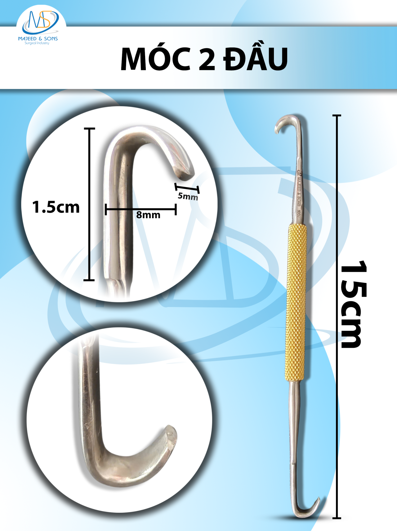 Móc 2 đầu 15cm đầu móc d1,5cmxr0.4cm cong móc 0.8