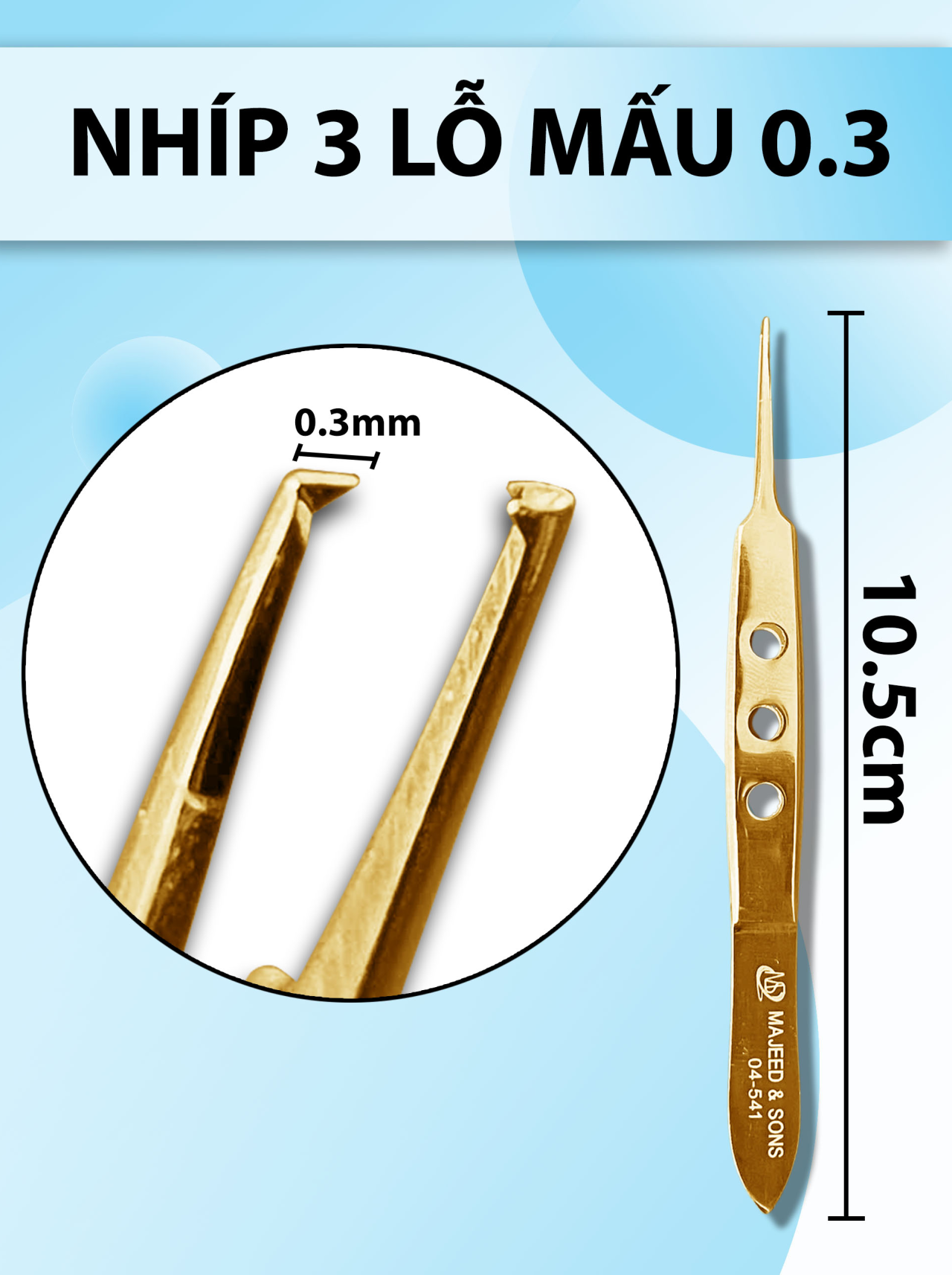 Nhíp 3 lỗ 10,5cm mấu 0.3 full vàng