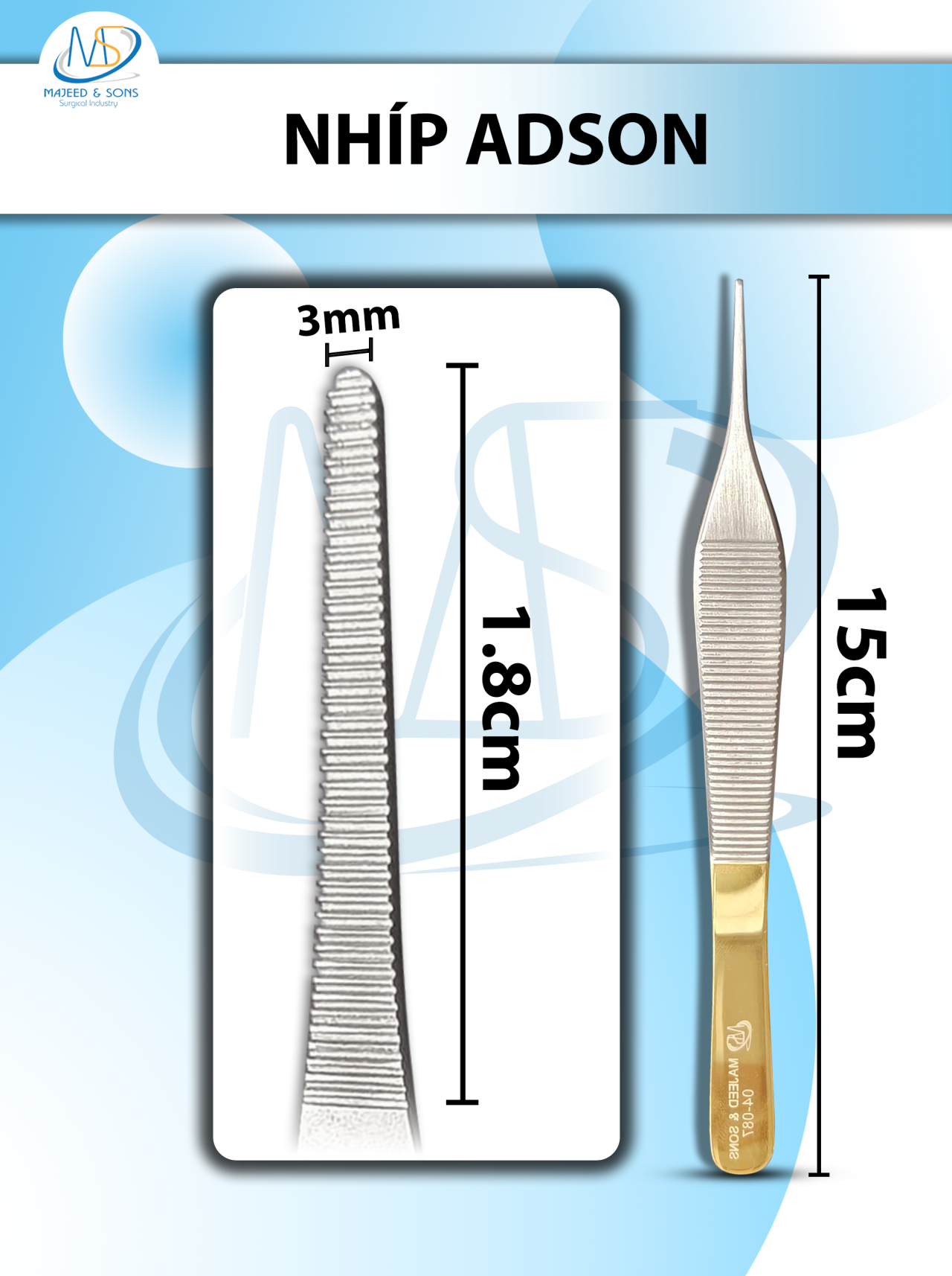 Nhíp Adson 15cm không mấu, đầu nhíp d1,8cmxR1mm