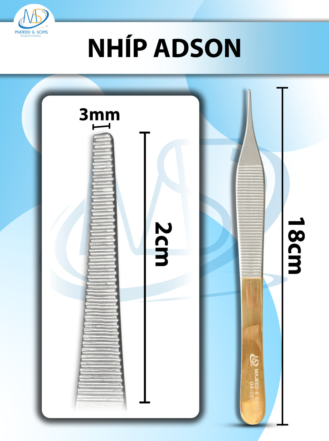 Nhíp Adson 18cm không mấu, đầu nhíp D2,1cmxR1.5mm