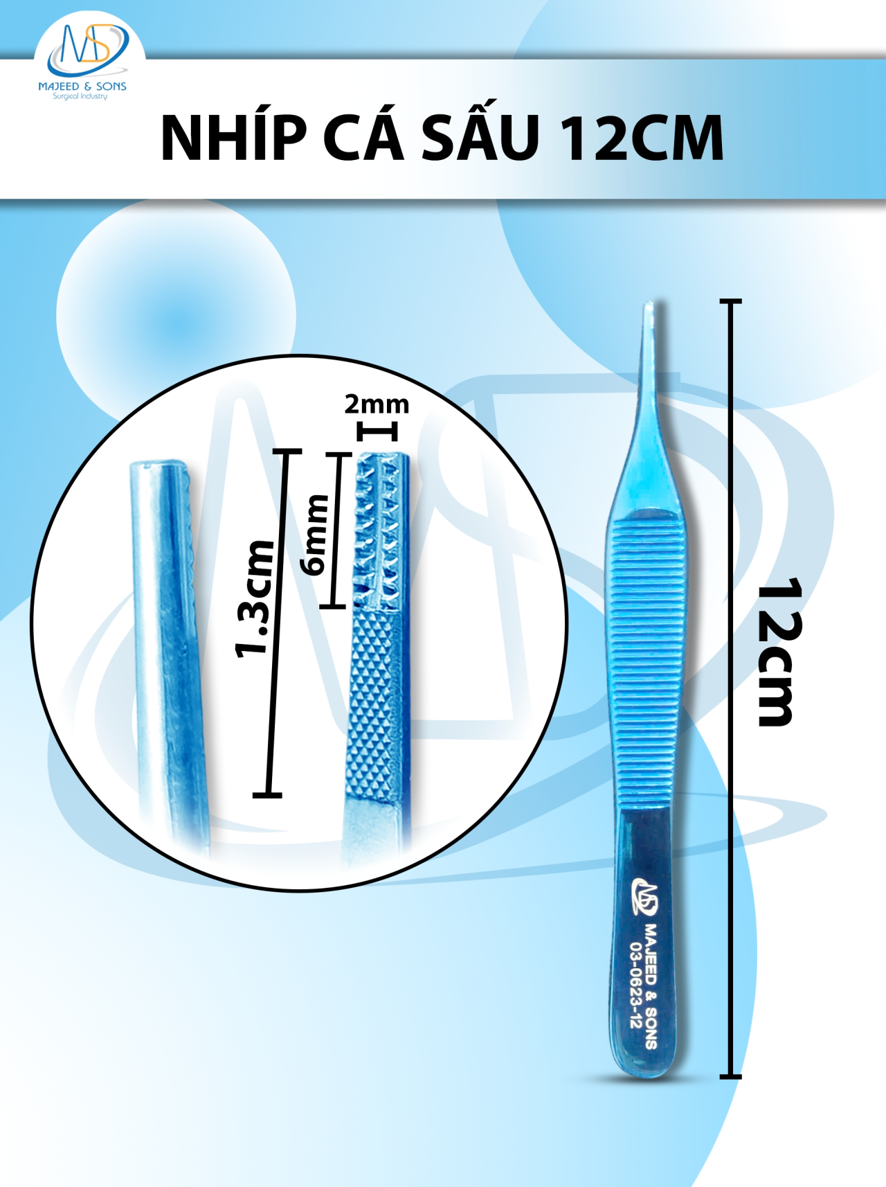 Nhíp cá sấu TC 12cm D1.3cm Drang 6mm R2mm xanh