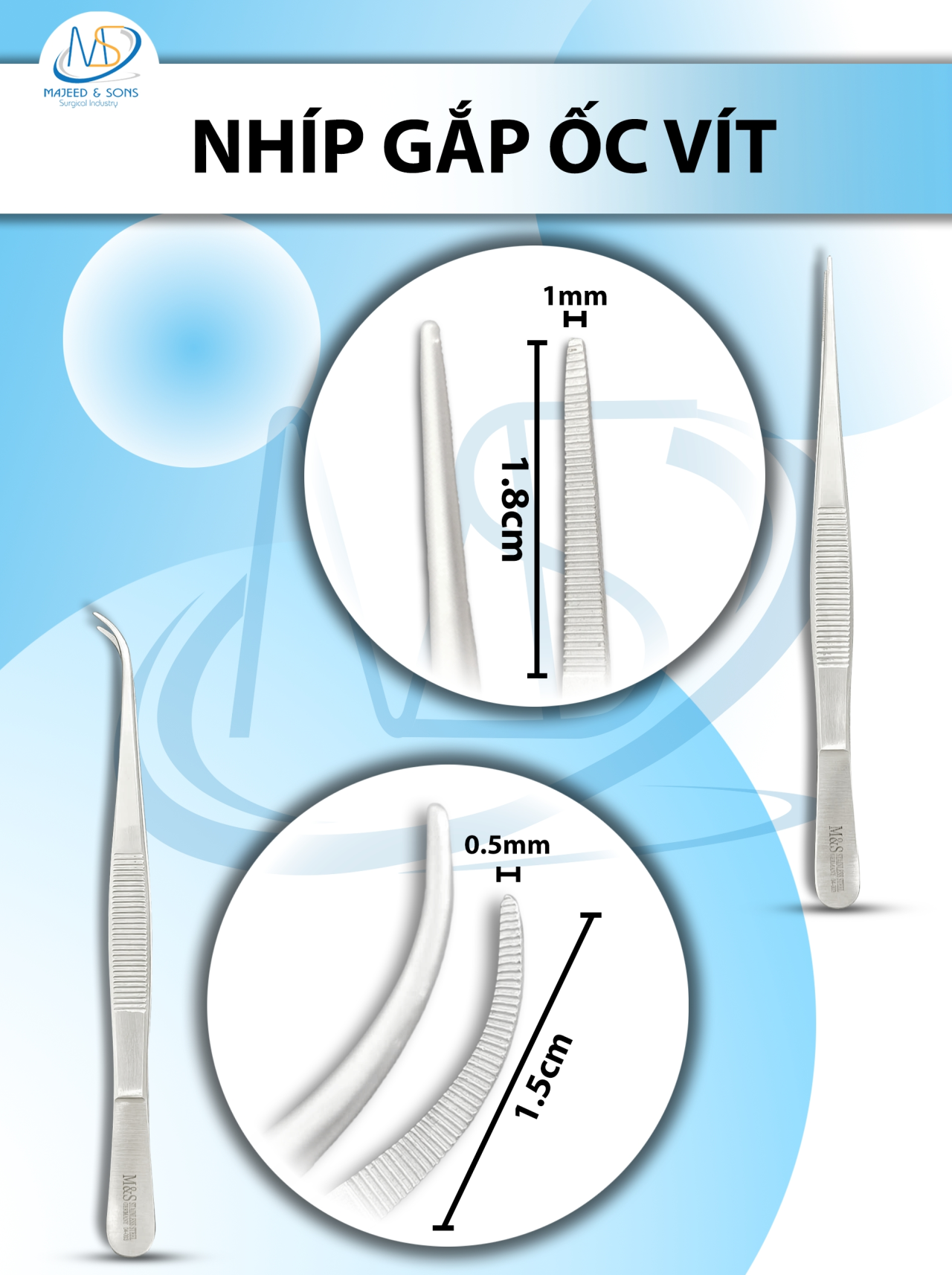 Nhíp gắp ốc vít, chip điện tử, nhíp thẳng 15cm D1.5cm R0.5mm ,Nhíp cong 15.3cm D1.8cm R1mm