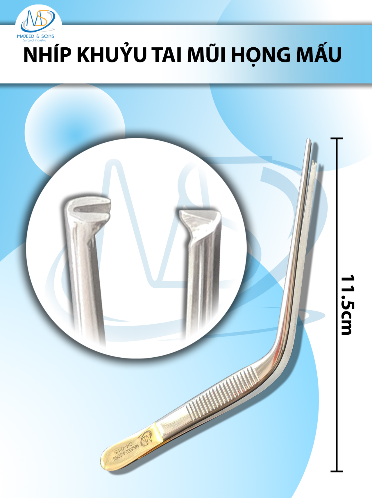 Nhíp khuỷu tai mũi họng 12.5cm Mấu, Đầu nhíp 1.5mm