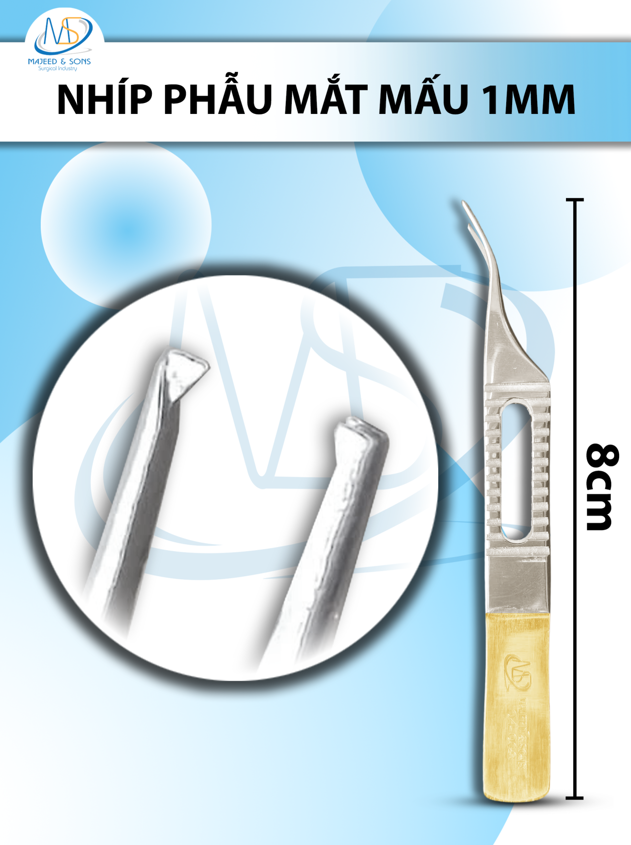Nhíp phẫu mắt mấu siêu nhỏ  dài 8cm đầu nhíp cong 1mm