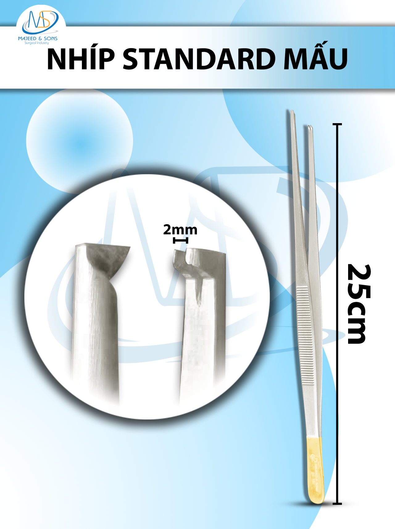 Nhíp Standard 25cm mấu, nhíp phẫu tích mấu đầu nhíp 2mm