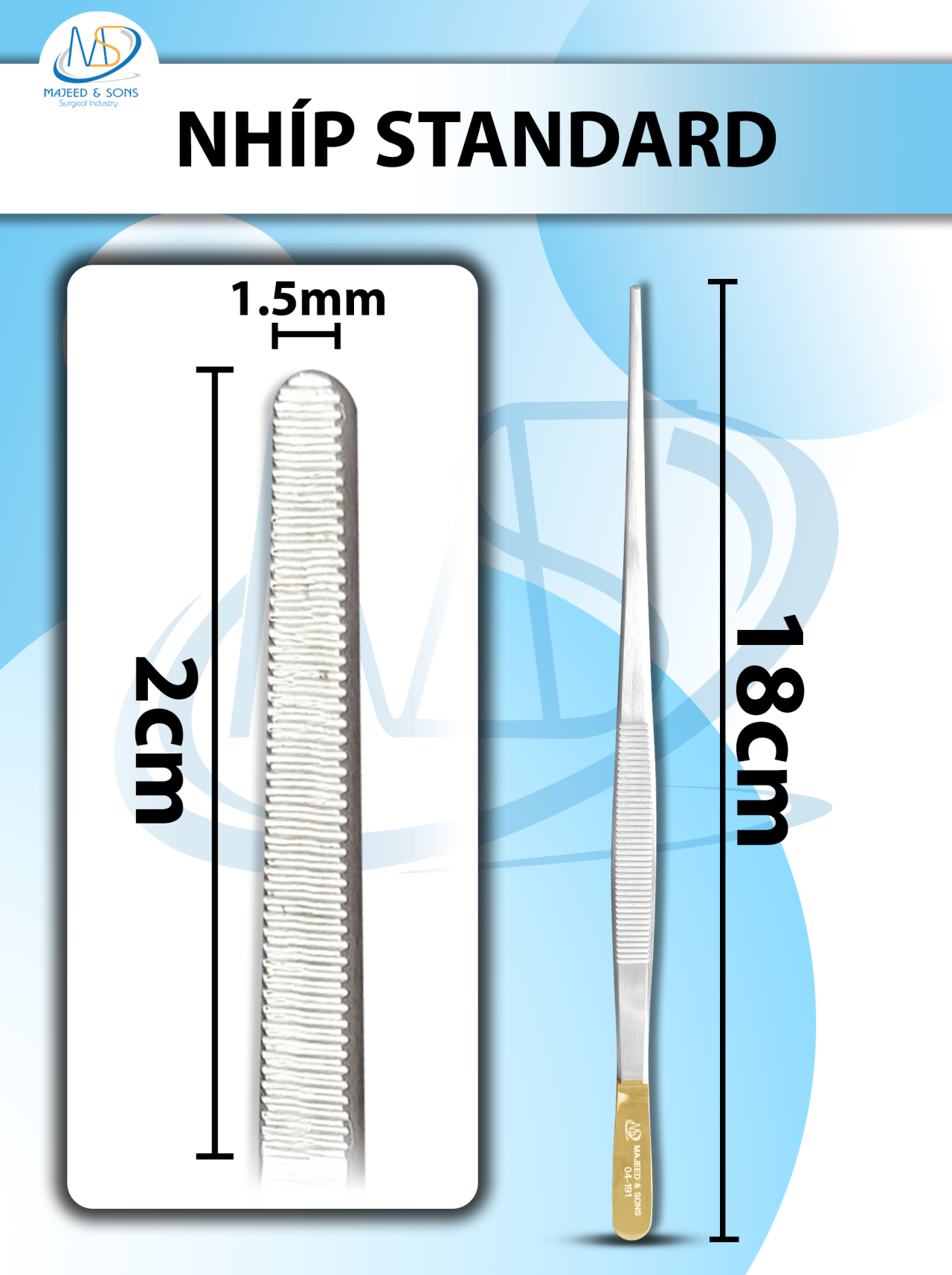 Nhíp standard KM, Nhíp phẫu tích KM 18cm, đầu nhíp D2cmxR1,5mm