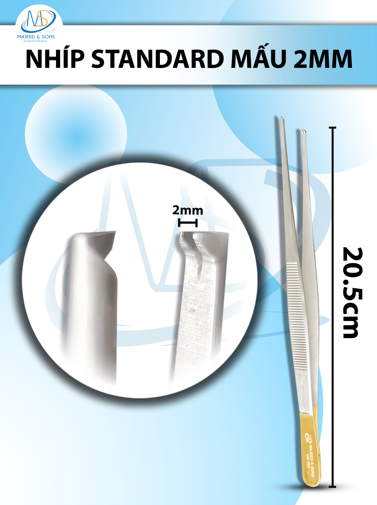 Nhíp standard mấu 20,5cm, Nhíp phẫu tích Mấu dài 20,5cm đầu nhíp R2mm