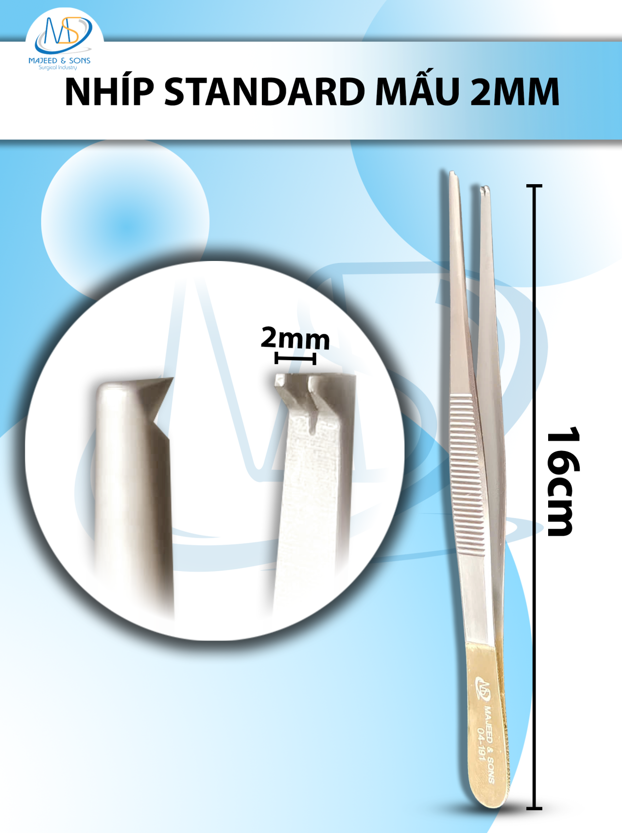 Nhíp standard Mấu, Nhíp phẫu tích Mấu 16cm đầu nhíp R2mm